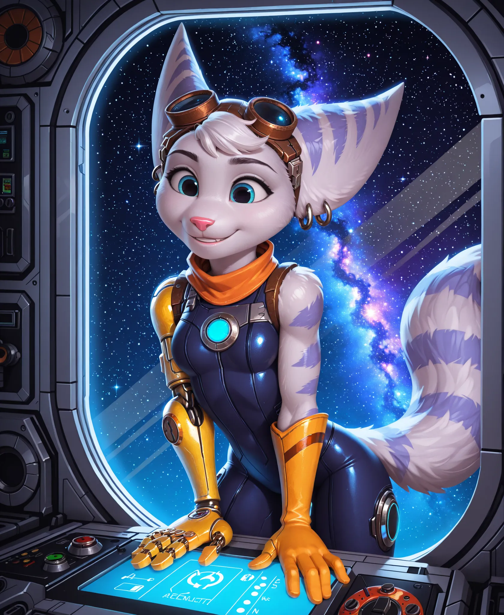 Masterpiece, better quality, very aesthetic, extremely high resolution, colorfull, Loimu style , rivet_ratchet_and_clank, anthro, female, sexy cybernetic suit, using starship console, facing window,  enthusiastically, at starship (at galactic space light),...