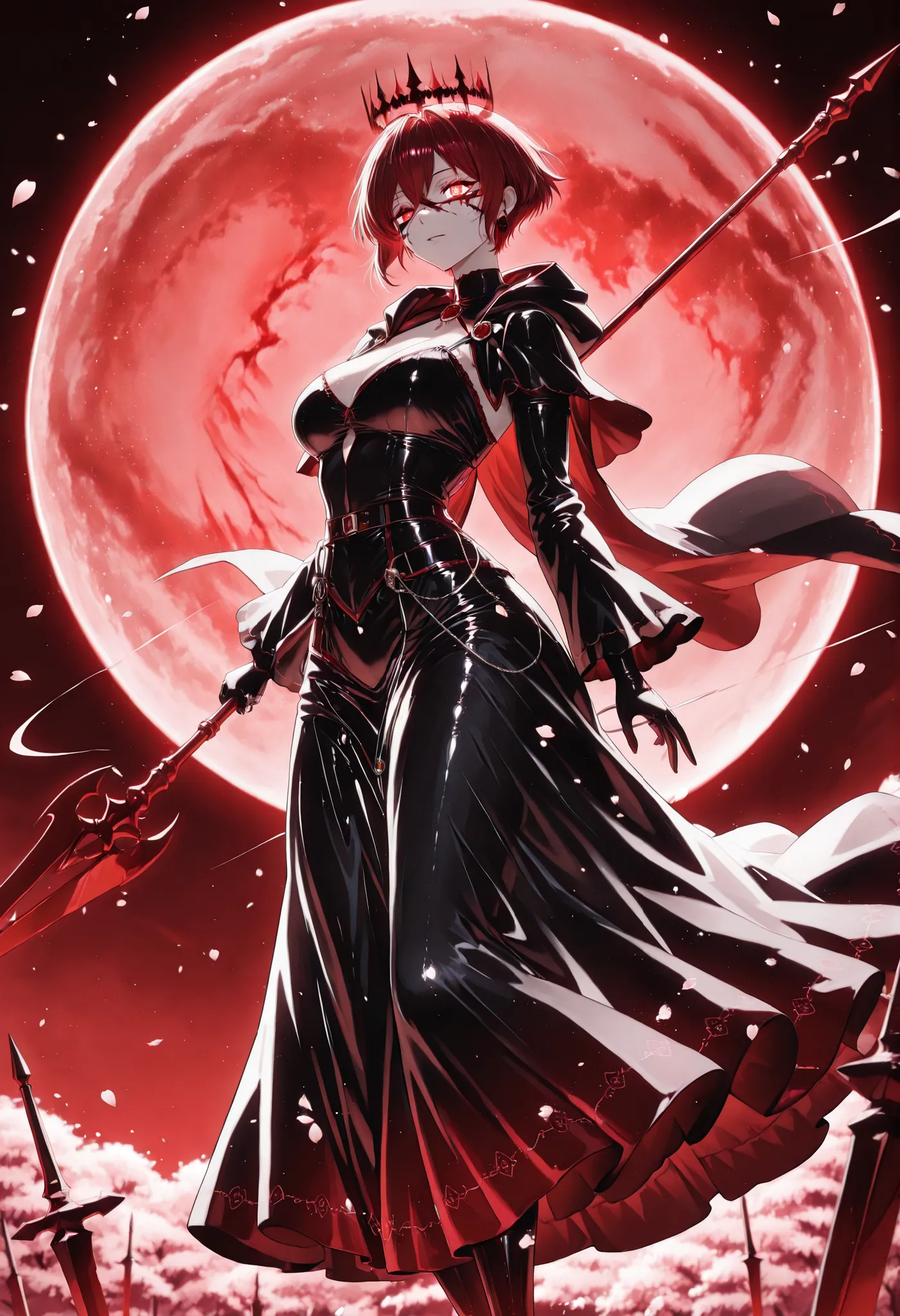 Girl in a black dress with red by olanes, very short hair, bandaged eyes, standing on top of a pole of tips, holding a black and red spear, a beautiful red moon in the background of a large size , pink petals flying in the wind ,  with a broken red crown o...