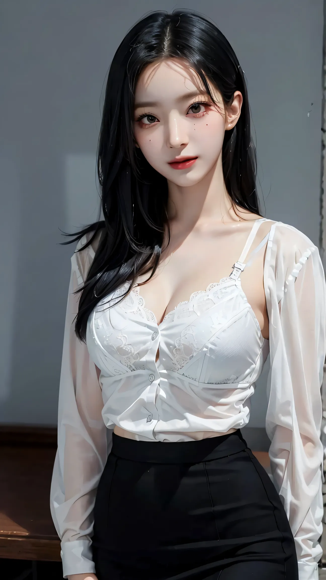 Best quality, masterpiece, ultra high res, (photorealistic: 1), saerom, 1girl, solo, pretty girl,
Light smile, female police inspector, wearing a white button shirt, pencil skirt. cleavage, lace black bra,
perfect breasts:0.3,
wide hip:0.4,
