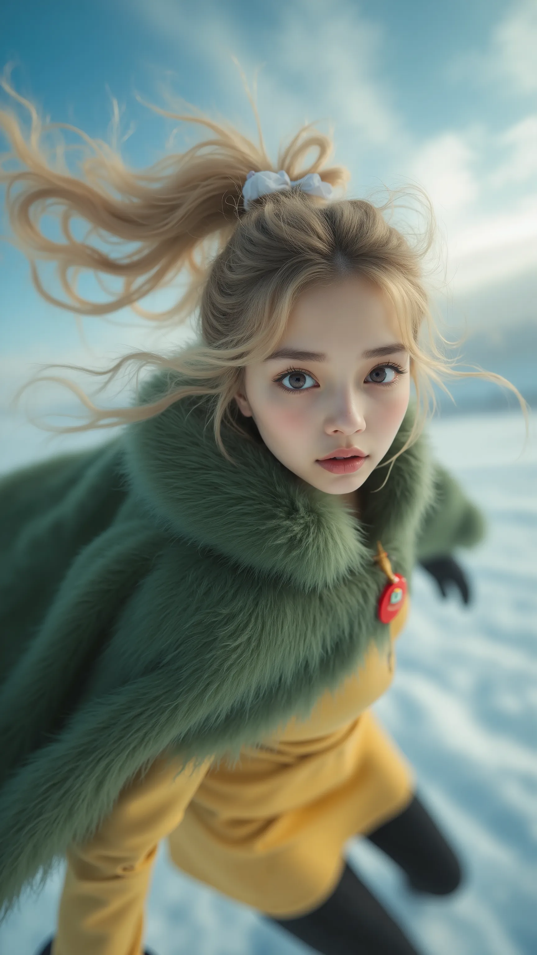 Girl who flies through a snowy sky、dynamic angle、close-up、big eyes with double eyelids、((transcendental amazing illustration, 8k, masterpiece :1.2, Sharp Concentration in Naked Clothes :1.2, shallow depth of field:1.2)), Beautiful Swordsman, Ridiculous, ...