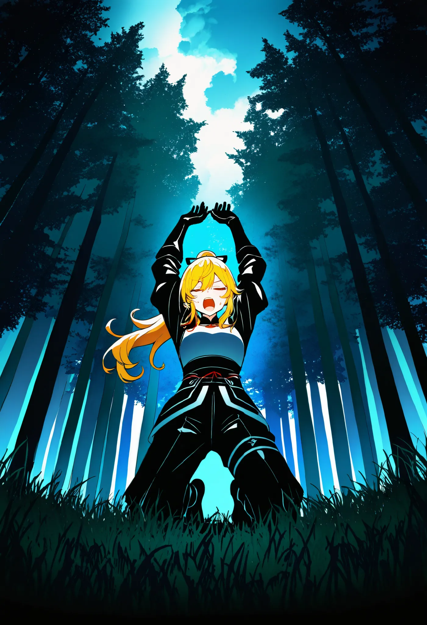 1girl, solo, masterpiece, newest, absurdres, best quality, amazing quality, very aesthetic, ultra-detailed, highly detailed,
anime-style, detailed background, vibrant colors, delicate, dreamy, foreshortening, night, low angle side view, full body,
cinemati...