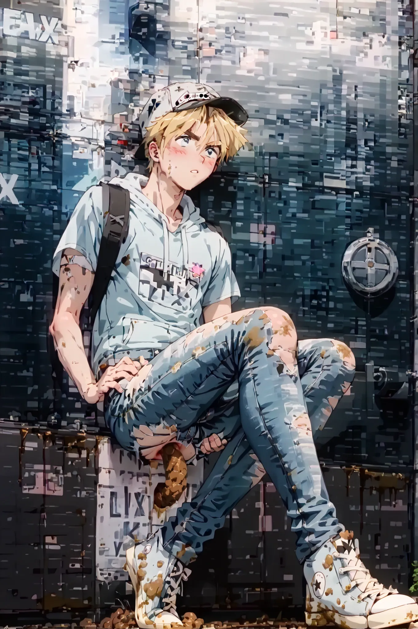 1boy, male focus, hat, baseball cap, solo, blue eyes, blonde hair,,score_9, score_8_up, score_7_up, best quality. Slim sporty boy 1boy, wearing hoodie, (white dirty x-hi converse:1.9) 1boy, (is squatting, Legs lowered :1.1), ((( Poop ,)), internal, 1boy, b...