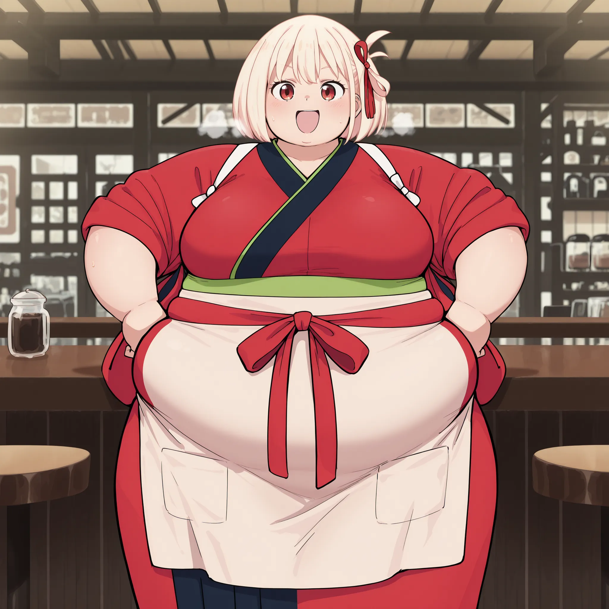 chisato-nishikigi(aniver), cafelycoreco, 1girl, blonde hair, solo, red kimono, japanese clothes, red eyes, short hair, red ribbon, ribbon, hair ribbon, bangs, kimono, looking at viewer, apron, hand on hips, indoor, cafe tables, tasuki , smile, cowboy shot,...