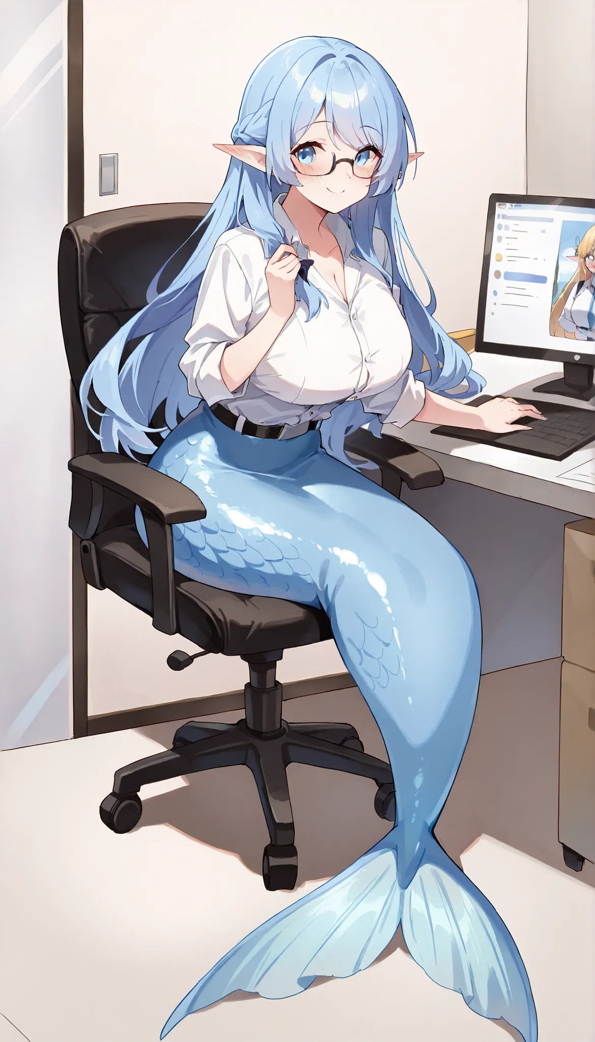 (Fraction_9:0.9),Fraction_8_Up,Fraction_7_Up,grade_of,实际of,(zPDXL3), ( Masterpiece), ( best quality ),(完整of五根手指), of a foreign body ,Water Enchantress of the temple,Blue Hair, long hair,  blue eyes,Workplace Outfits,secretary costume,black frame glasses,el...