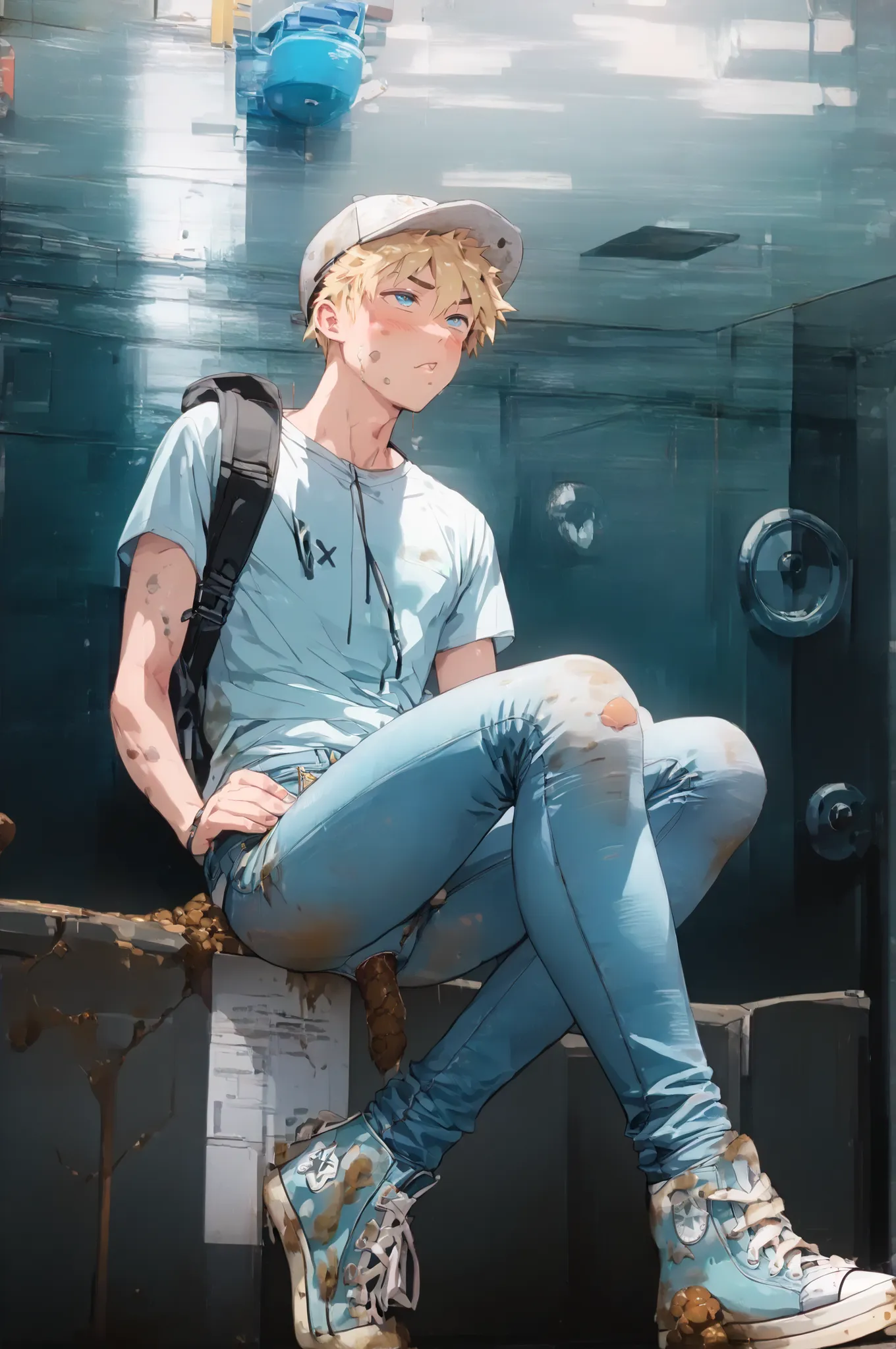 1boy, male focus, hat, baseball cap, solo, blue eyes, blonde hair,,score_9, score_8_up, score_7_up, best quality. Slim sporty boy 1boy, wearing hoodie, (white dirty x-hi converse:1.9) 1boy, (is squatting, Legs lowered :1.1), ((( Poop ,)), internal, 1boy, b...