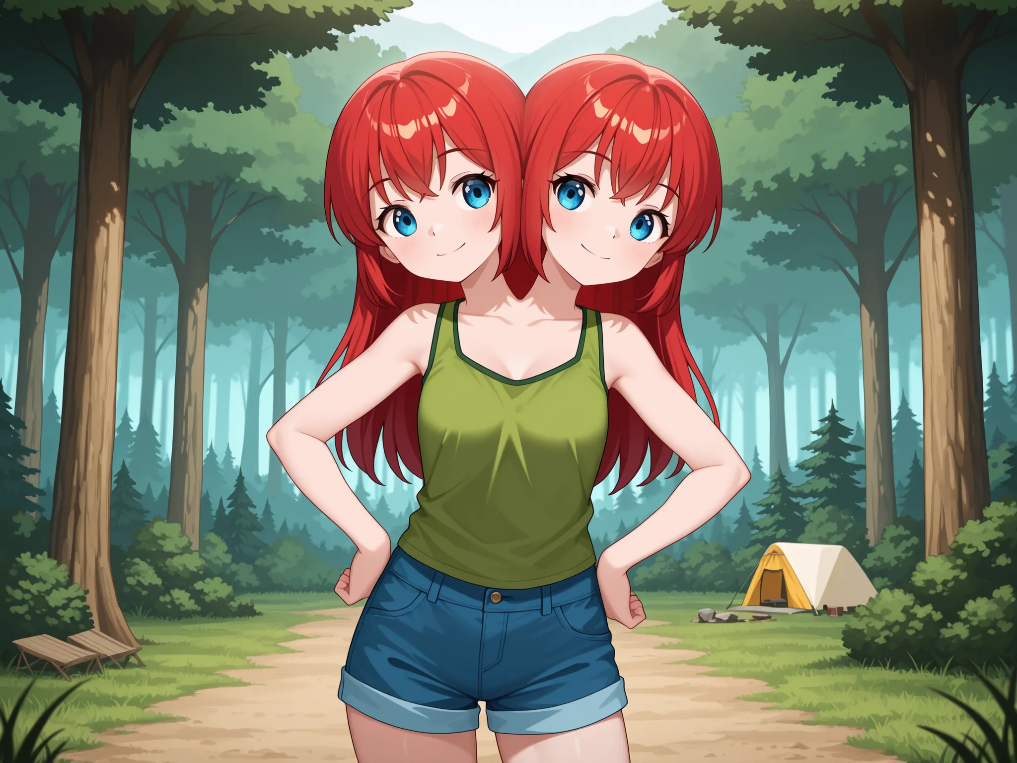 conjoined, anime girl with two heads, hands on hips, green tank top, blue short pants, relaxed, campsite in a forest