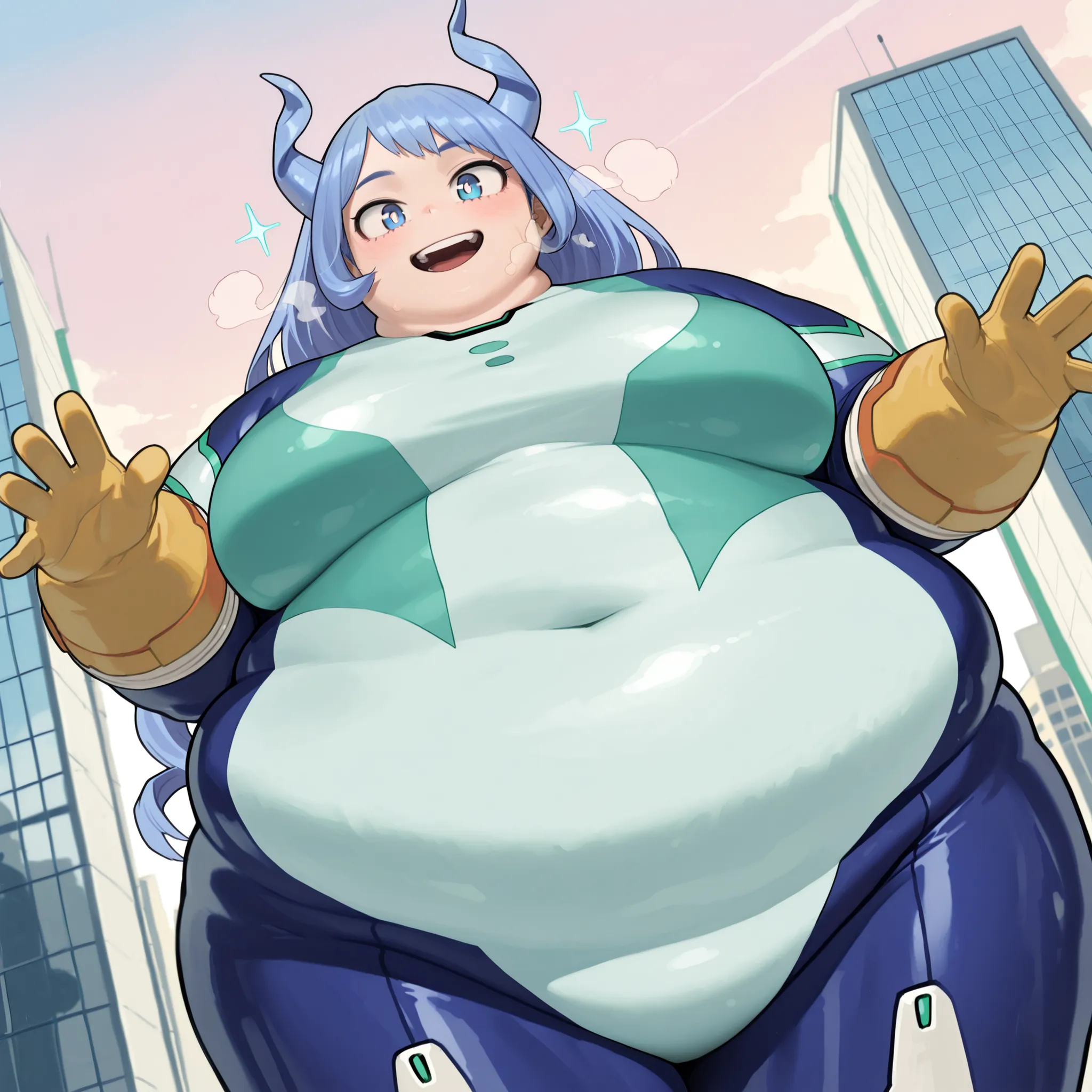 high resolution picture, masterpiece, best quality, amazing quality, official art,  hado_nejire from My Hero Academia , 1girl,nejire hadou, blue eyes, blue hair, long hair, medium breasts    (flat colors, pastel colors)        detailed hands, visible finge...