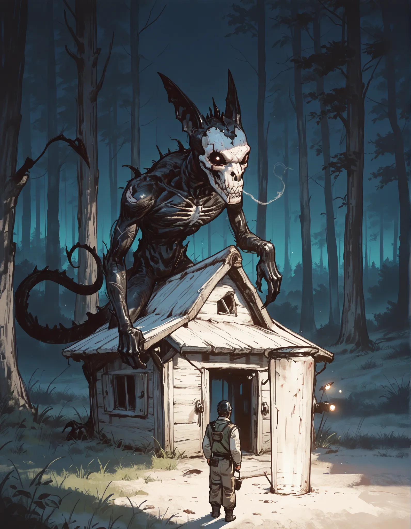 score_9, score_8_up, score_7_up, score_6_up, score_5_up, score_4_up, gr4ph1t3, sketch, (masterpiece), RETRO FANTASY STYLE, ELABORATE SKETCH, dark tail in the woods dark, cabin, dark forest, best quality, amazing quality, belth, LowKeyLights, cinematic 8k, ...