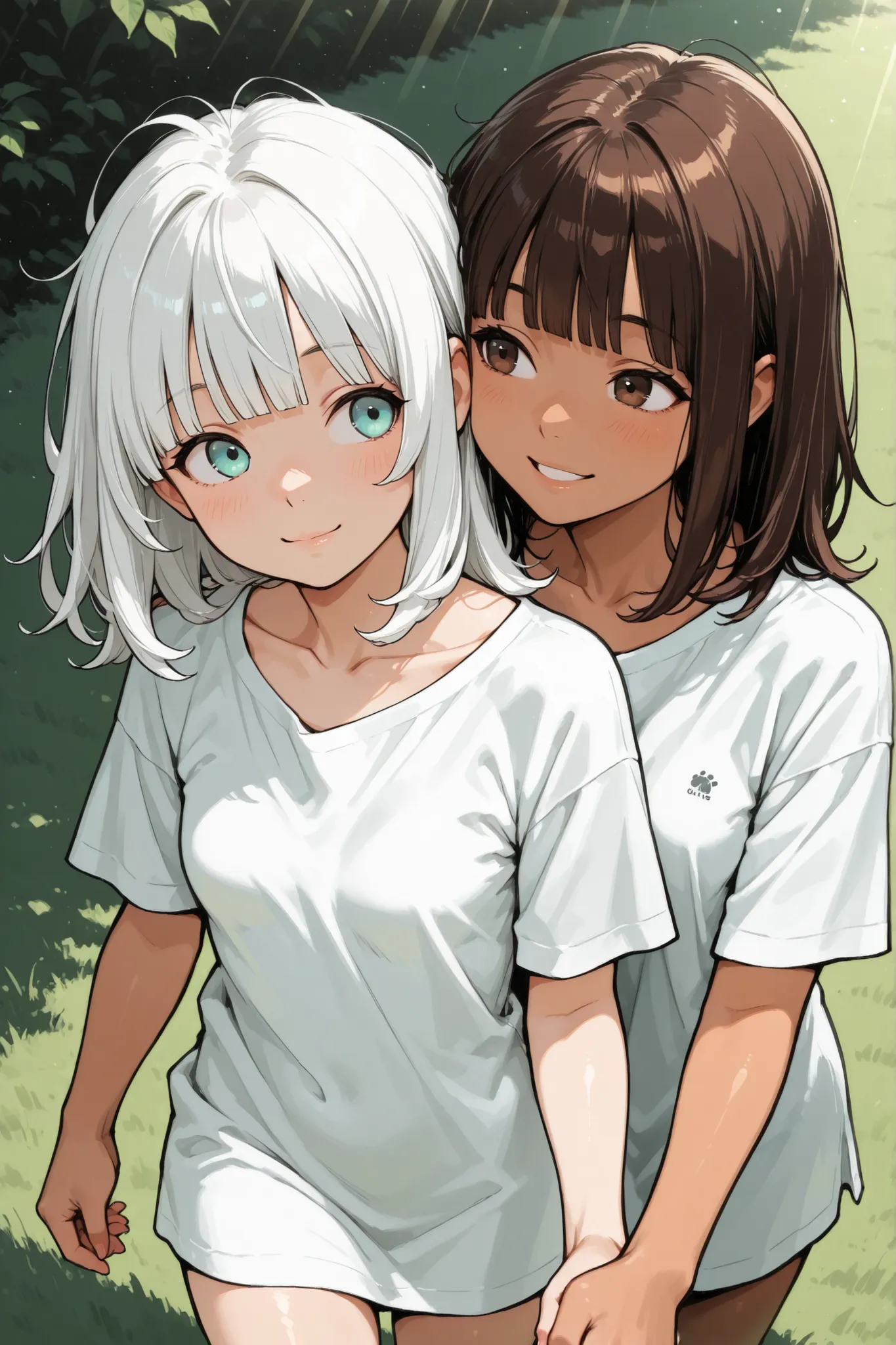 ((2girls)),masterpiece, (tanned skin:0.5),
on lawn, sunlight,2girls, yuri, walking,holding another’s hand,looking at another,Bright smile,oversized white long T-shirt,(blush:0.5),(nose blush:0.5)
BREAK
(left girl), medium hair,((white hair)),blunt bangs,(m...