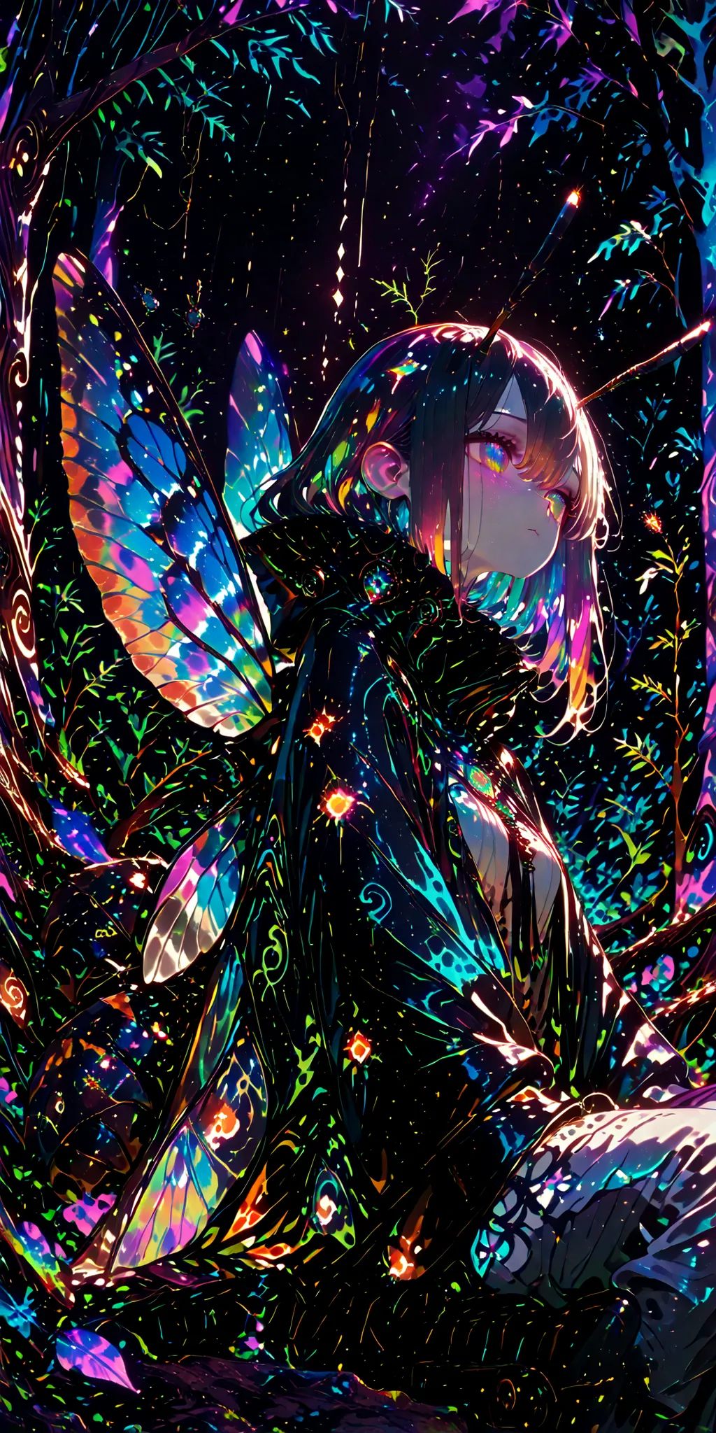 Background:Night Forest,insect girl,womanhood,solo,An ant's sense of touch,Insect Wings,Personalization,cute,close-up,,Pale glowing,colorful,Anime-like,,safe content(masterpiece, 最High Quality, High Quality, 詳細なBackground, complicated details,complicated,u...