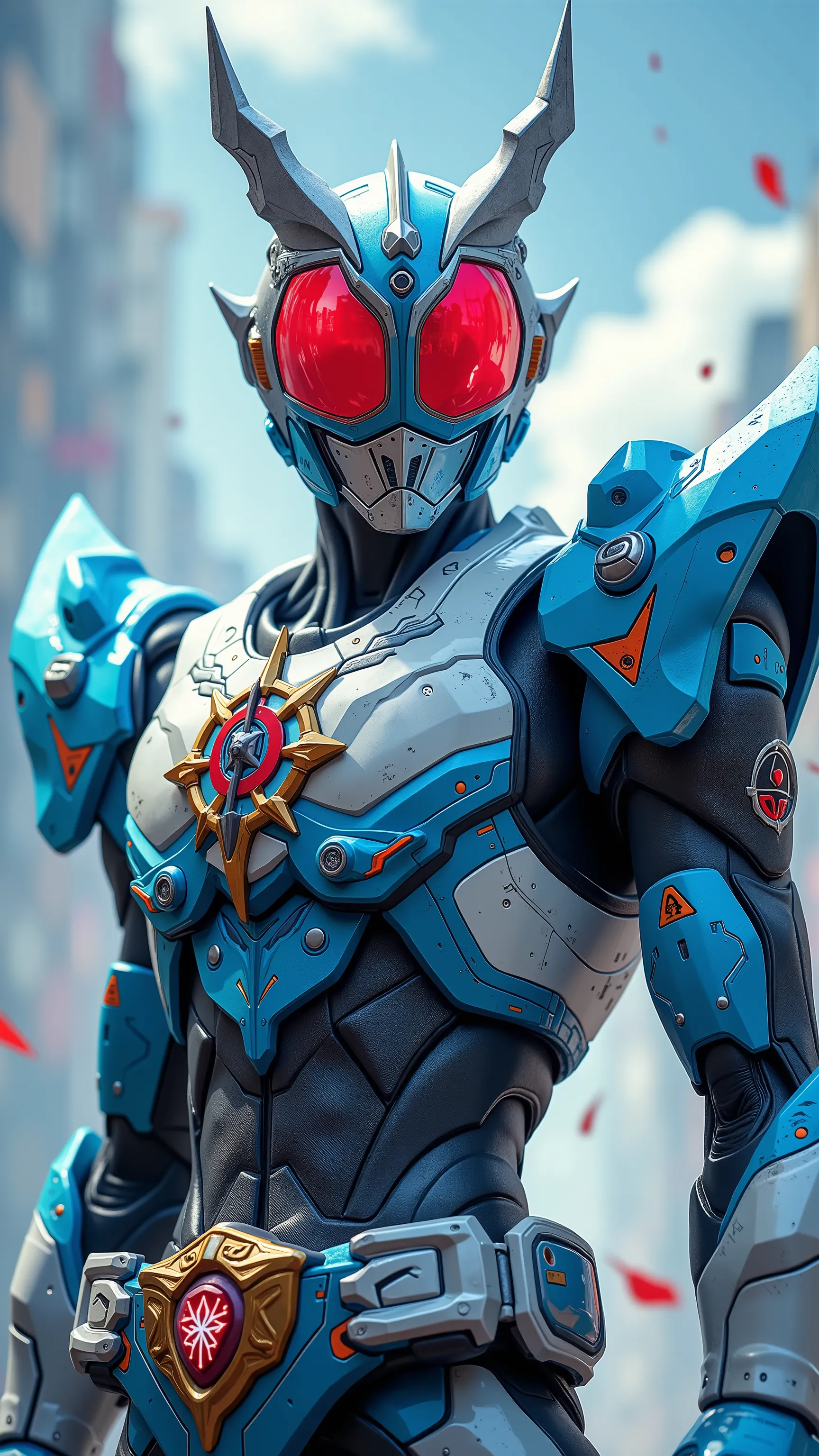 Kamen Rider Build is a mixture of 2 colors, off-white and light blue、Slim and muscular、dynamic composition、dynamic pose、