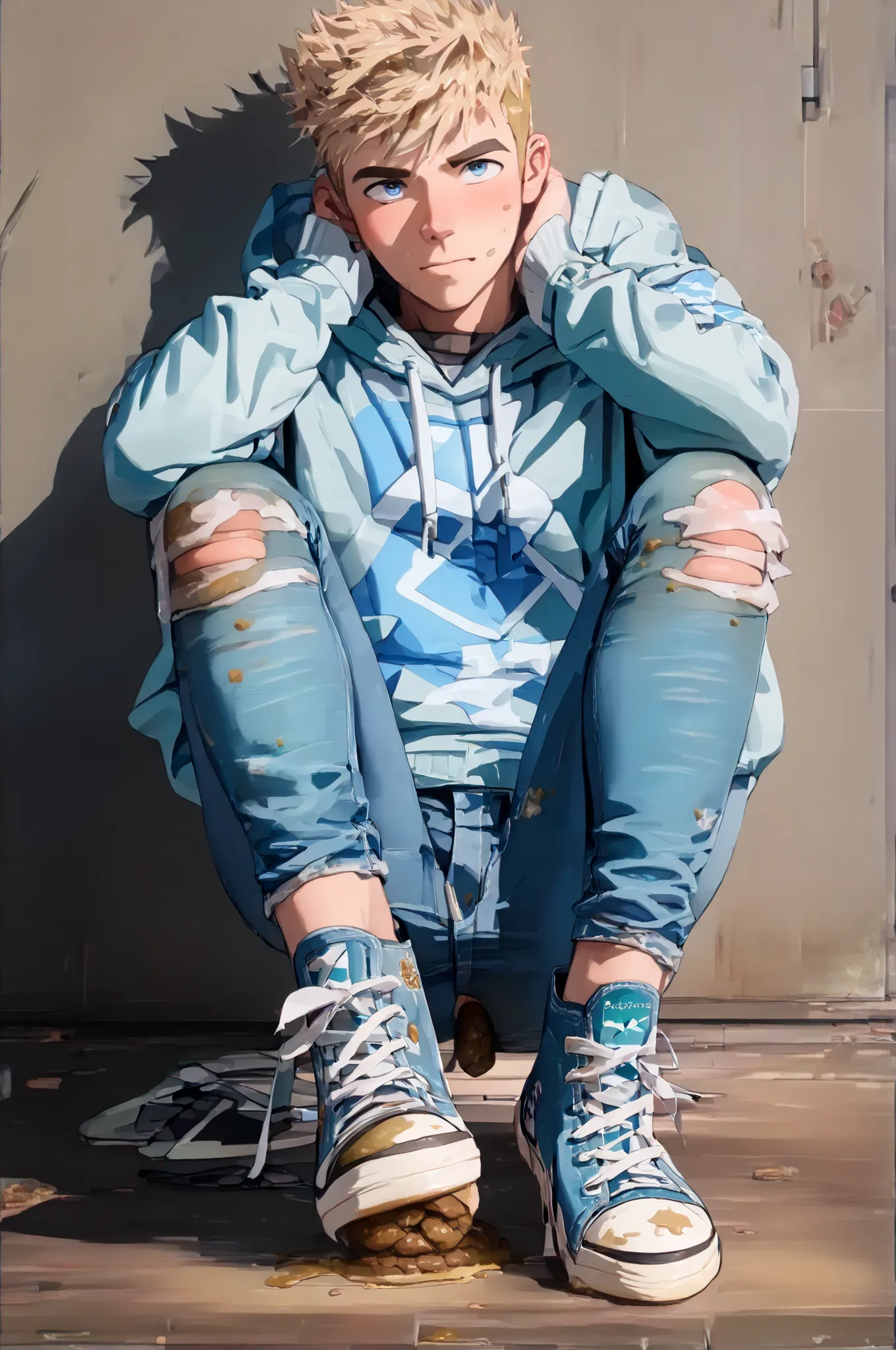 1boy, male focus, hat, baseball cap, solo, blue eyes, blonde hair,,score_9, score_8_up, score_7_up, best quality. Slim sporty boy 1boy, wearing hoodie, (white dirty x-hi converse:1.9) 1boy, (is squatting, Legs lowered :1.1), ((( Poop ,)), internal, 1boy, b...
