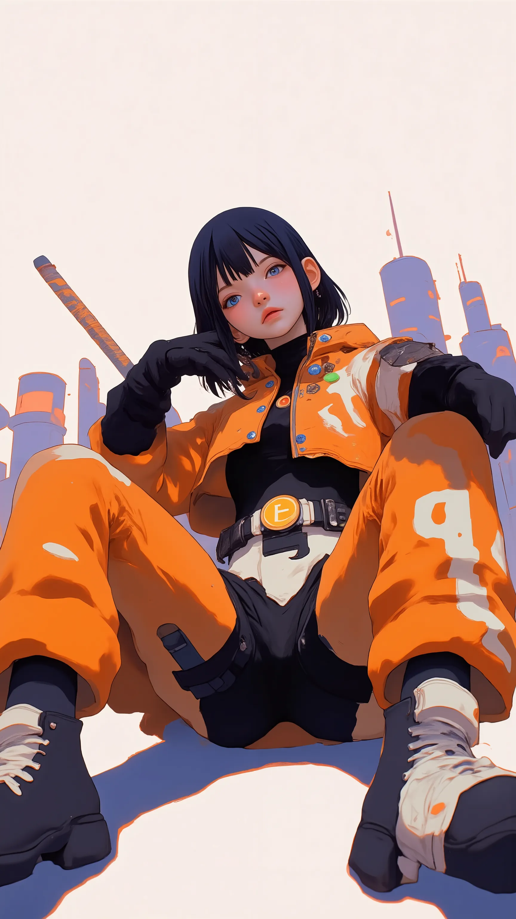 The car's atmosphere is mysterious and sophisticated {X} The illustrated character in a futuristic setting、is a bright orange Kamen Rider build with white and black elements as accents、In Style、  angular  , minimalist details and panels that suggest advanc...