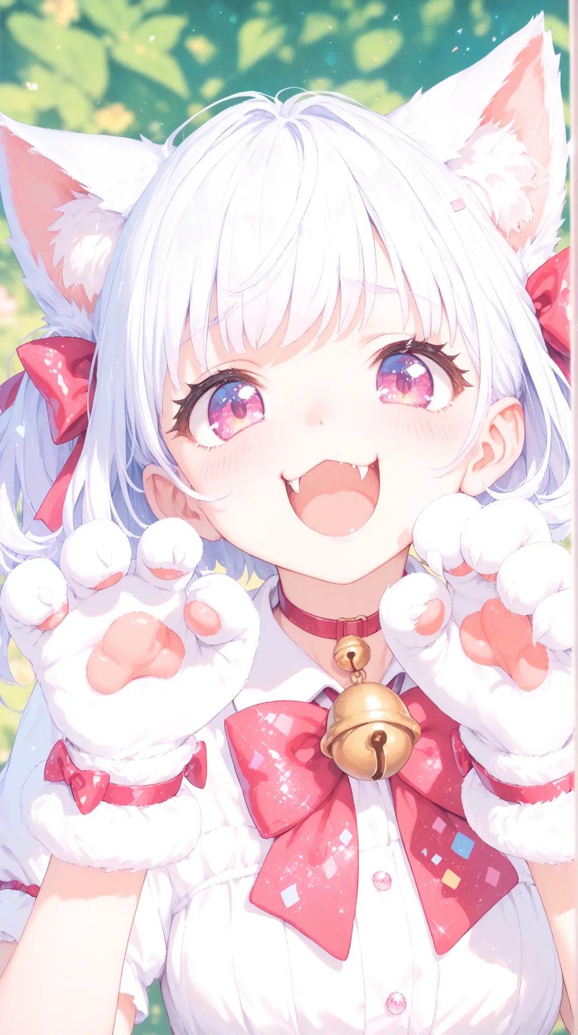 top quality, masterpiece, like the picture, 1 girl, Cat ears, bow tie choker with bell, cat hand gloves, shy smile, Roaring pose, Fluffy Ears, Cheek dye, cute fangs, glitter eyes