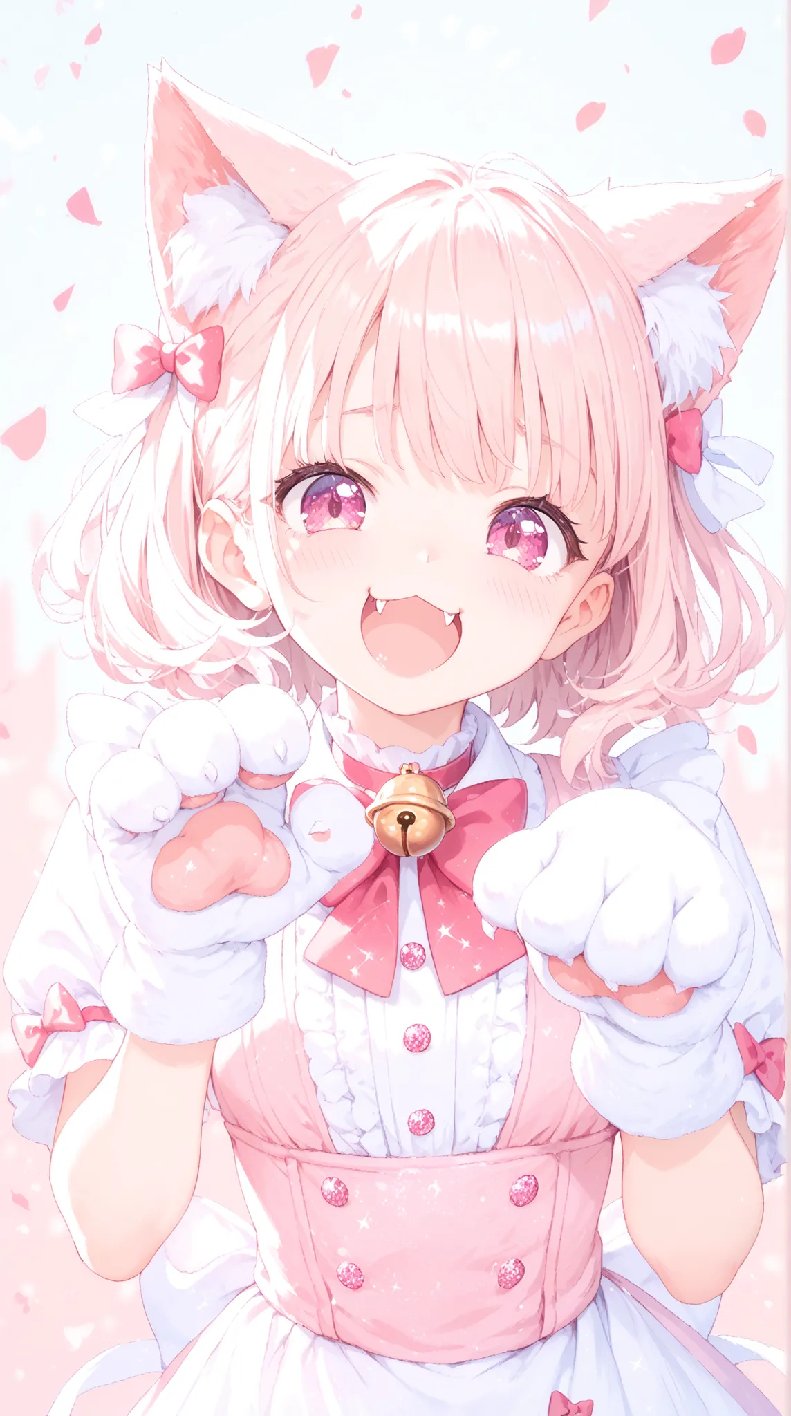 top quality, masterpiece, like the picture, 1 girl, Cat ears, bow tie choker with bell, cat hand gloves, shy smile, Roaring pose, Fluffy Ears, Cheek dye, cute fangs, glitter eyes