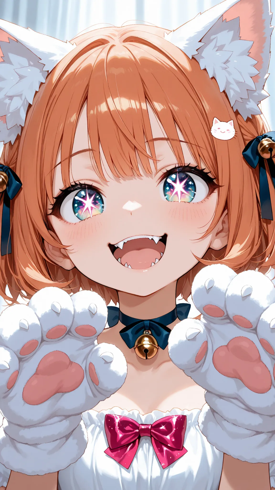 top quality, masterpiece, like the picture, 1 girl, Cat ears, bow tie choker with bell, cat hand gloves,  shy smile, Roaring pose, Fluffy Ears, Cheek dye, cute fangs, glitter eyes