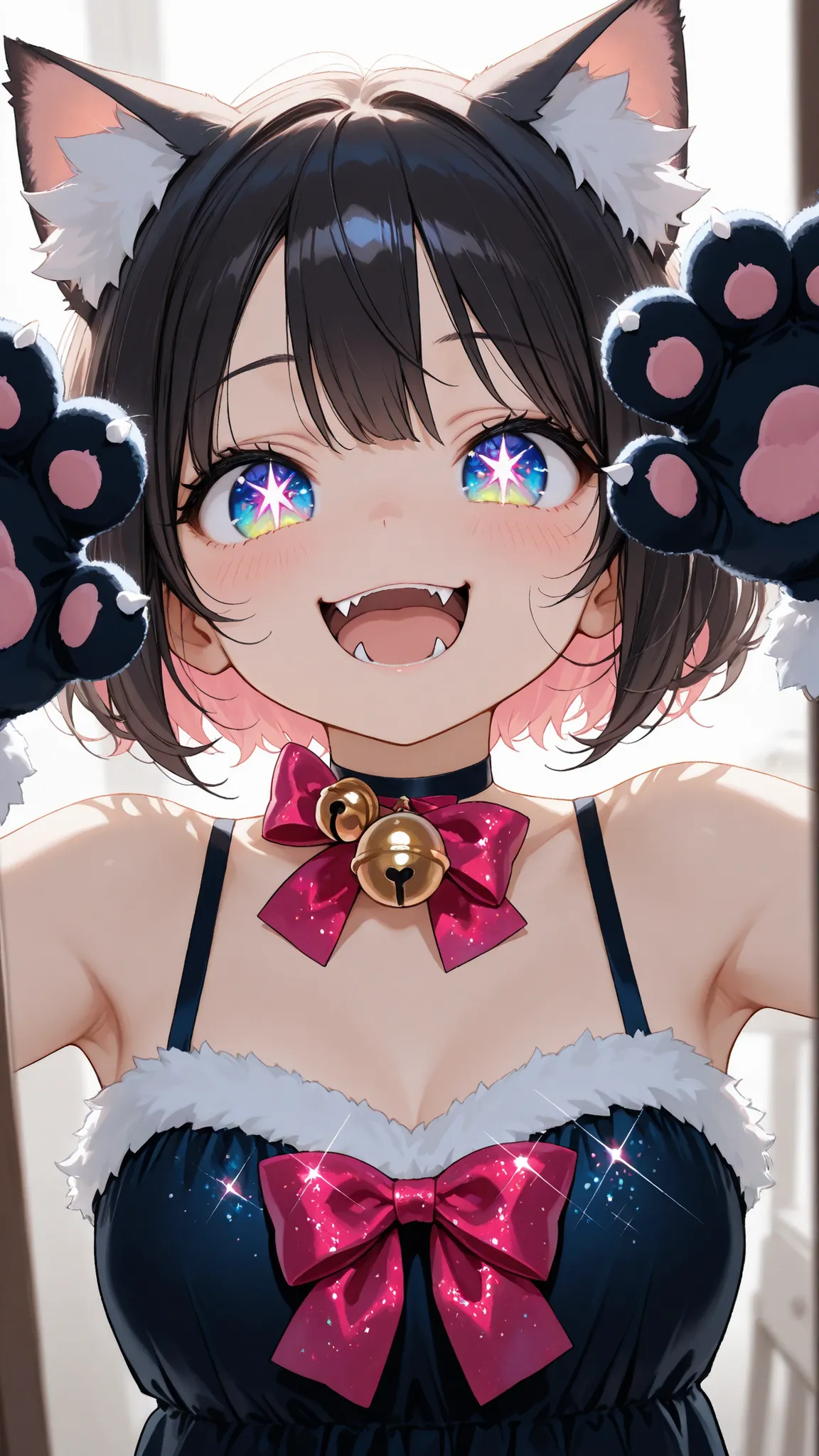 top quality, masterpiece, like the picture, 1 girl, Cat ears, bow tie choker with bell, cat hand gloves,  shy smile, Roaring pose, Fluffy Ears, Cheek dye, cute fangs, glitter eyes