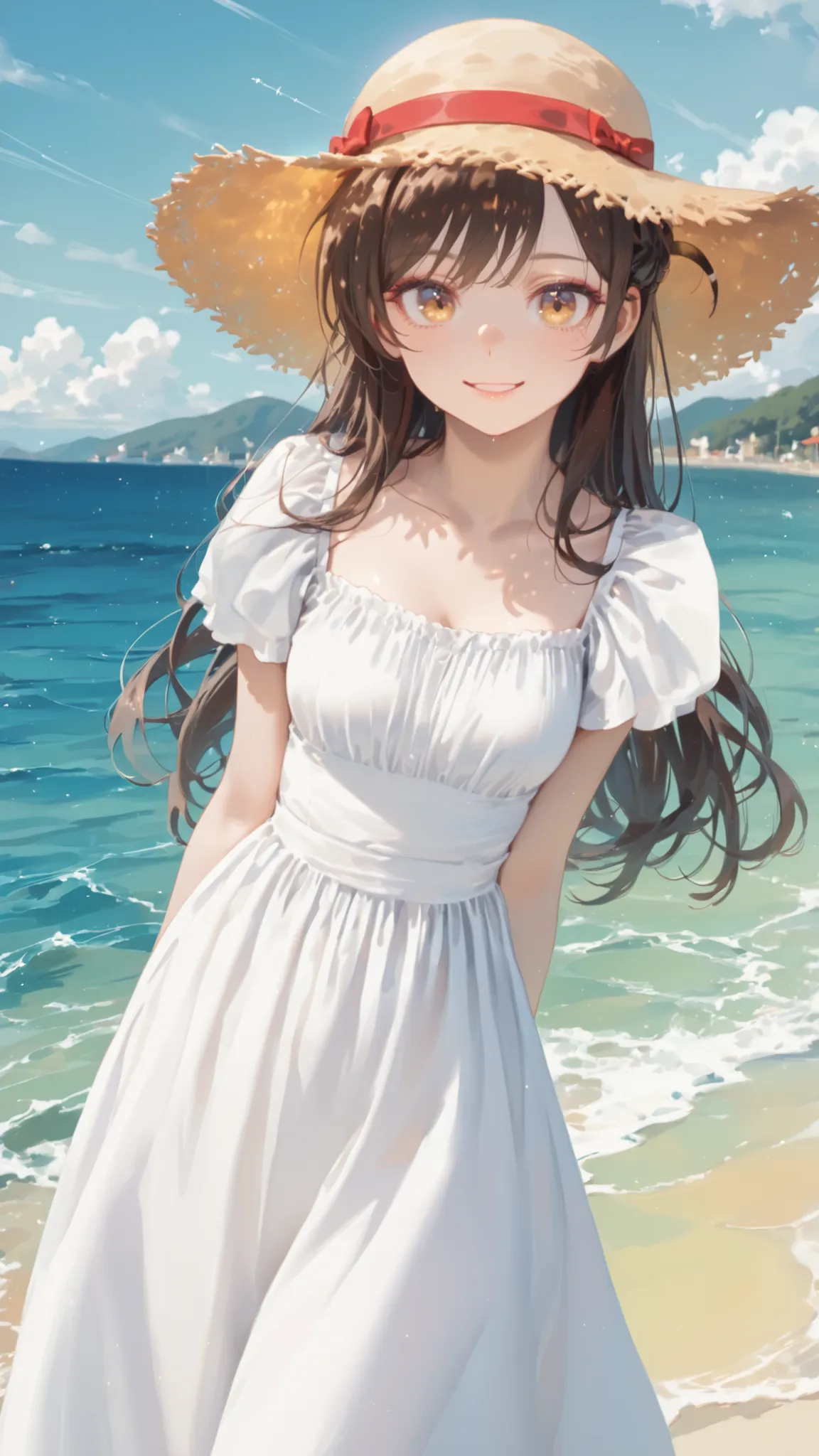 red bow straw hat:1.4,Light yellow light on light brown eyes gradation eyes:1.3,open eyes:1.2,provocative expression:1.3.look at the front:1.3 light smile:1.3,Very detailed、:1.3, masterpiece、４K,White ロングワンピース,e-mouth:1.2,Mizuhara Chizuru