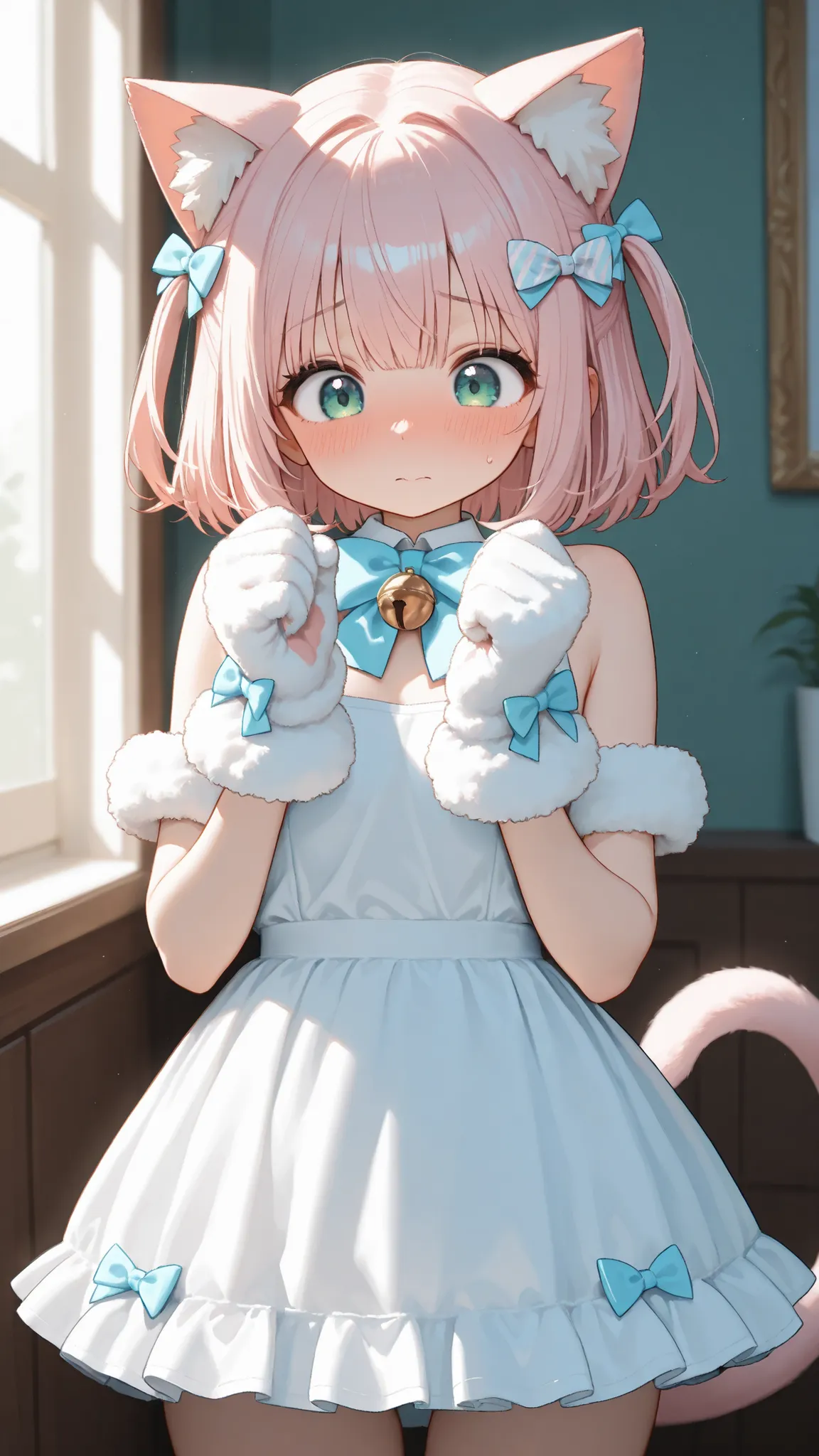 Ultra High Definition, Masterpiece, perfect detail, girl with cat ears, Swaying bells , pastel bow tie, Fluffy gloves , look shy, playful posture, cat jarashi