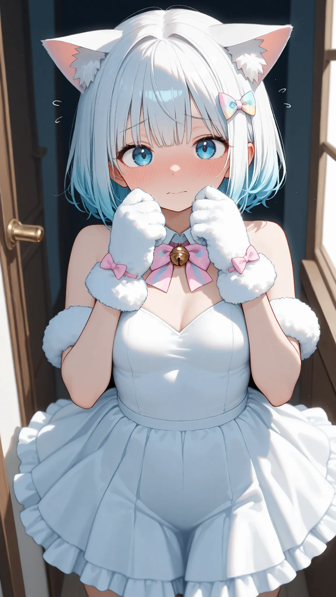 Ultra High Definition, Masterpiece, perfect detail, girl with cat ears, Swaying bells , pastel bow tie, Fluffy gloves , look shy, playful posture, cat jarashi
