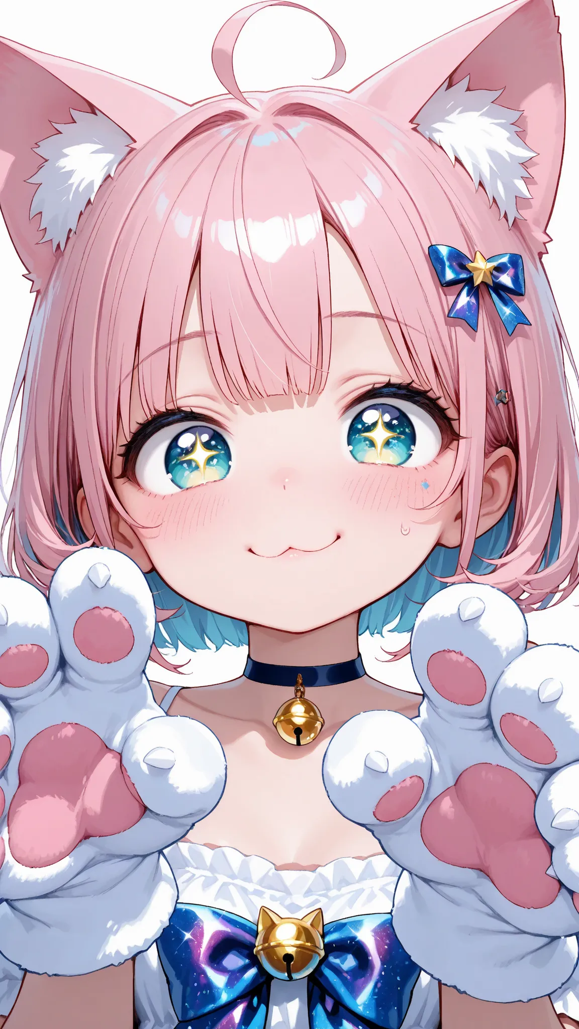 artistic, Ultra High Definition, Nekomimi Musume, choker with glitter bells, gloves with paws, Blushed Cheeks, funny gesture, adorable expression, Cat cover 