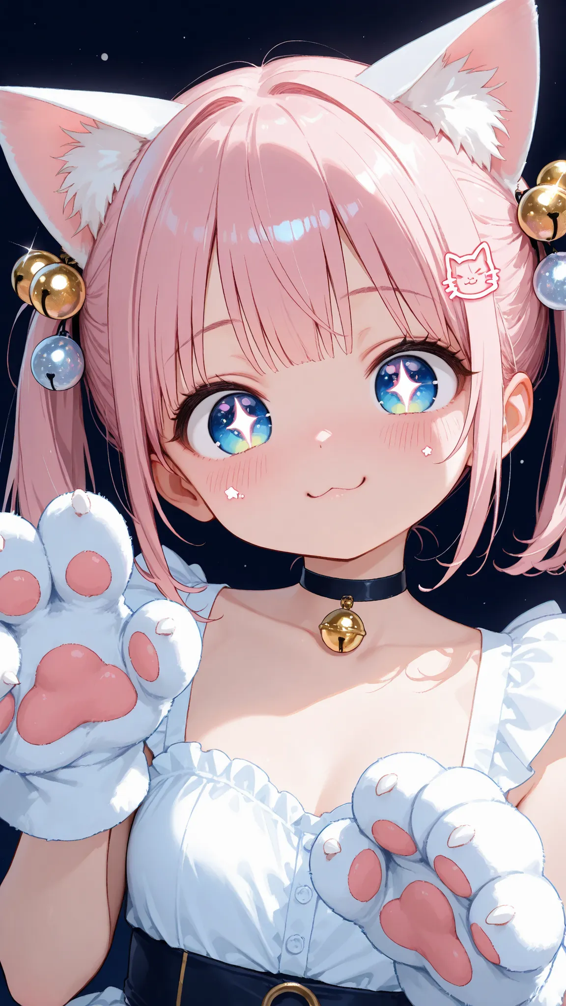 artistic, Ultra High Definition, Nekomimi Musume, choker with glitter bells, gloves with paws, Blushed Cheeks, funny gesture, adorable expression, Cat cover 