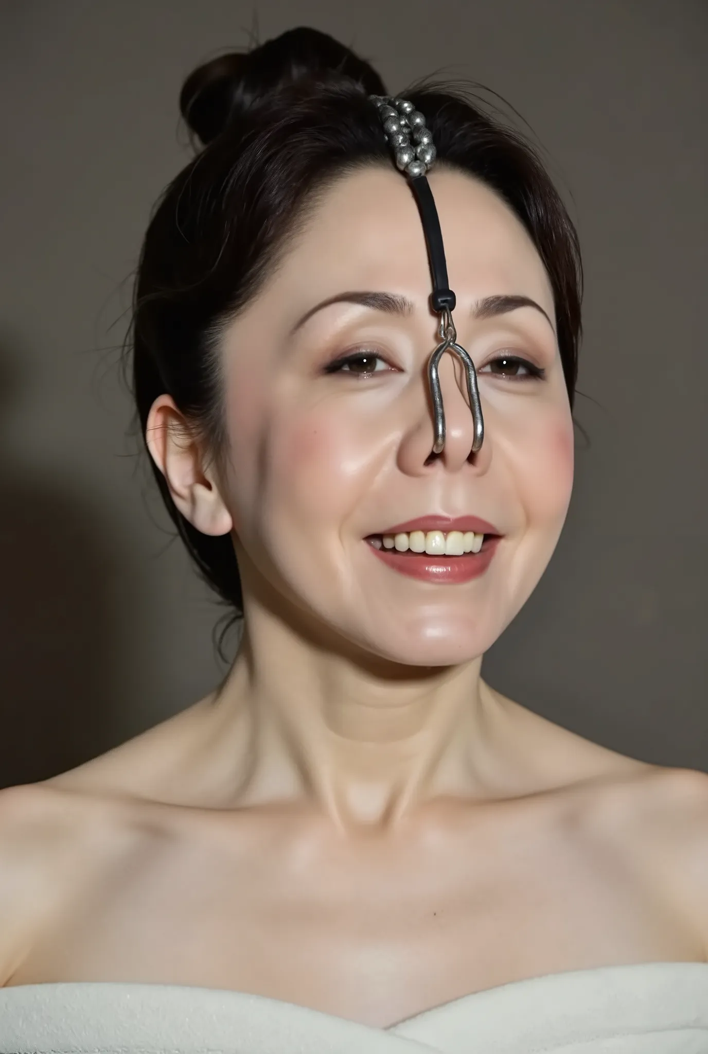 A high resolution photograph of a Japanese mature woman, standing indoors, leaning backward, wearing an off-shoulder dress. (Her hairstyle is short cut dark hair, tied back in a bun, parted middle showing her forehead:1.2). She has moles around the eyes, f...