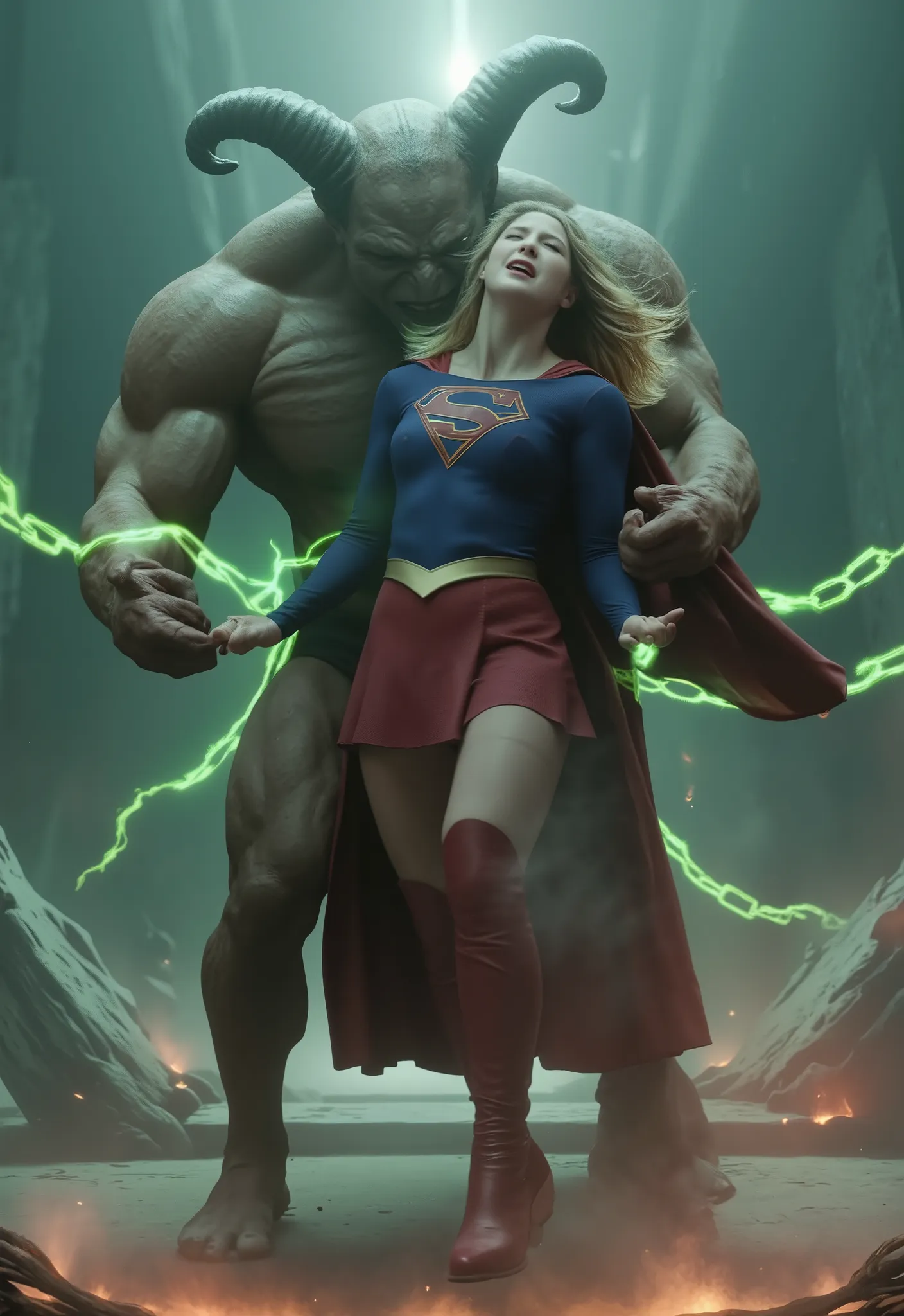 Melissa Benoist as Supergirl, fighting with a strong fierce devils, she push the devil's chest out, she is screaming in pain, painful face, screaming and shouting in pain, her arms are tied with green lighting chain, she is wearing a Supergirl costume, blu...