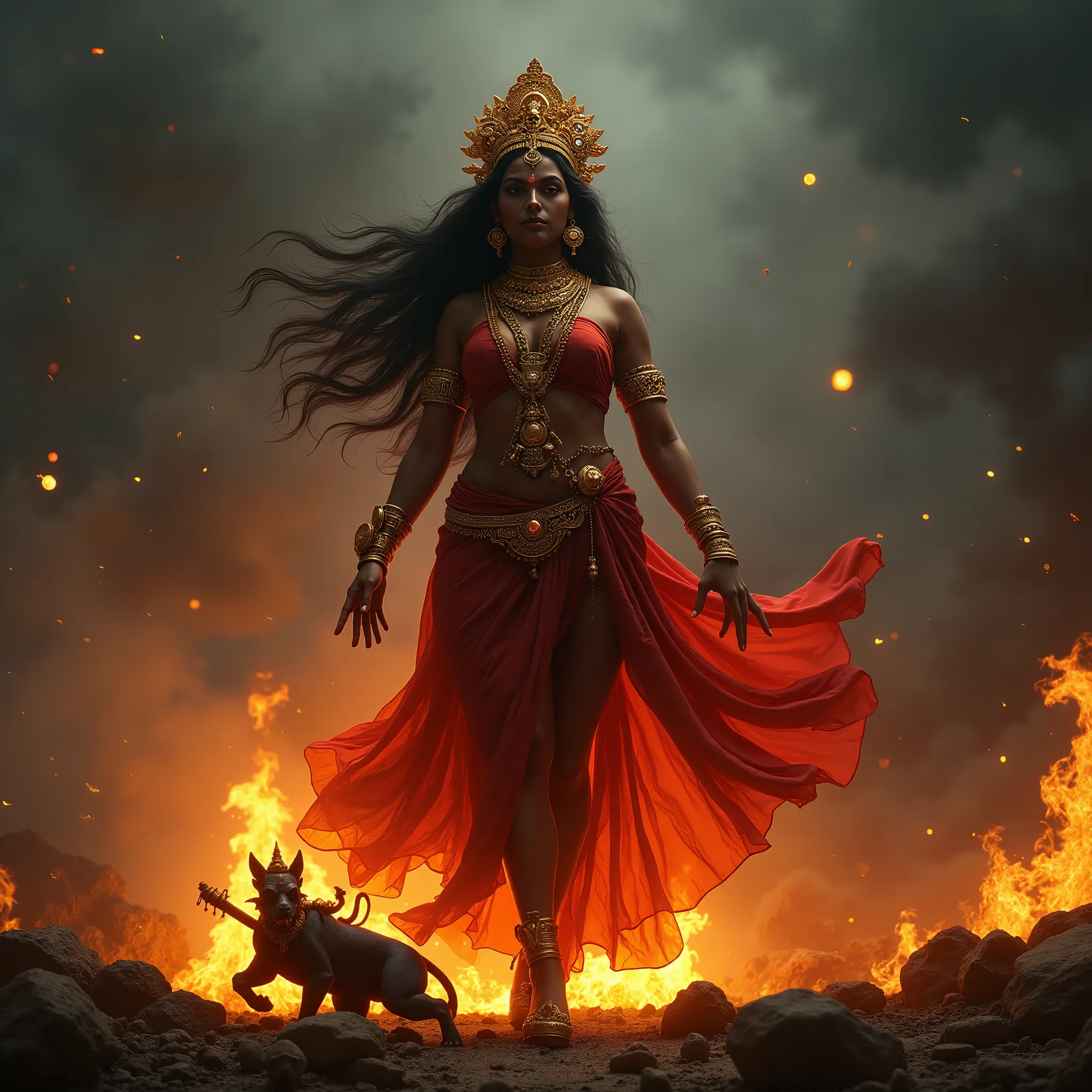 *A realistic, intricately detailed, high-resolution image of Hindu Goddess Bhairavi — the awe-inspiring embodiment of divine wrath, power, and feminine intensity — standing in a mystical cremation ground at dusk, surrounded by flickering firelight and swir...
