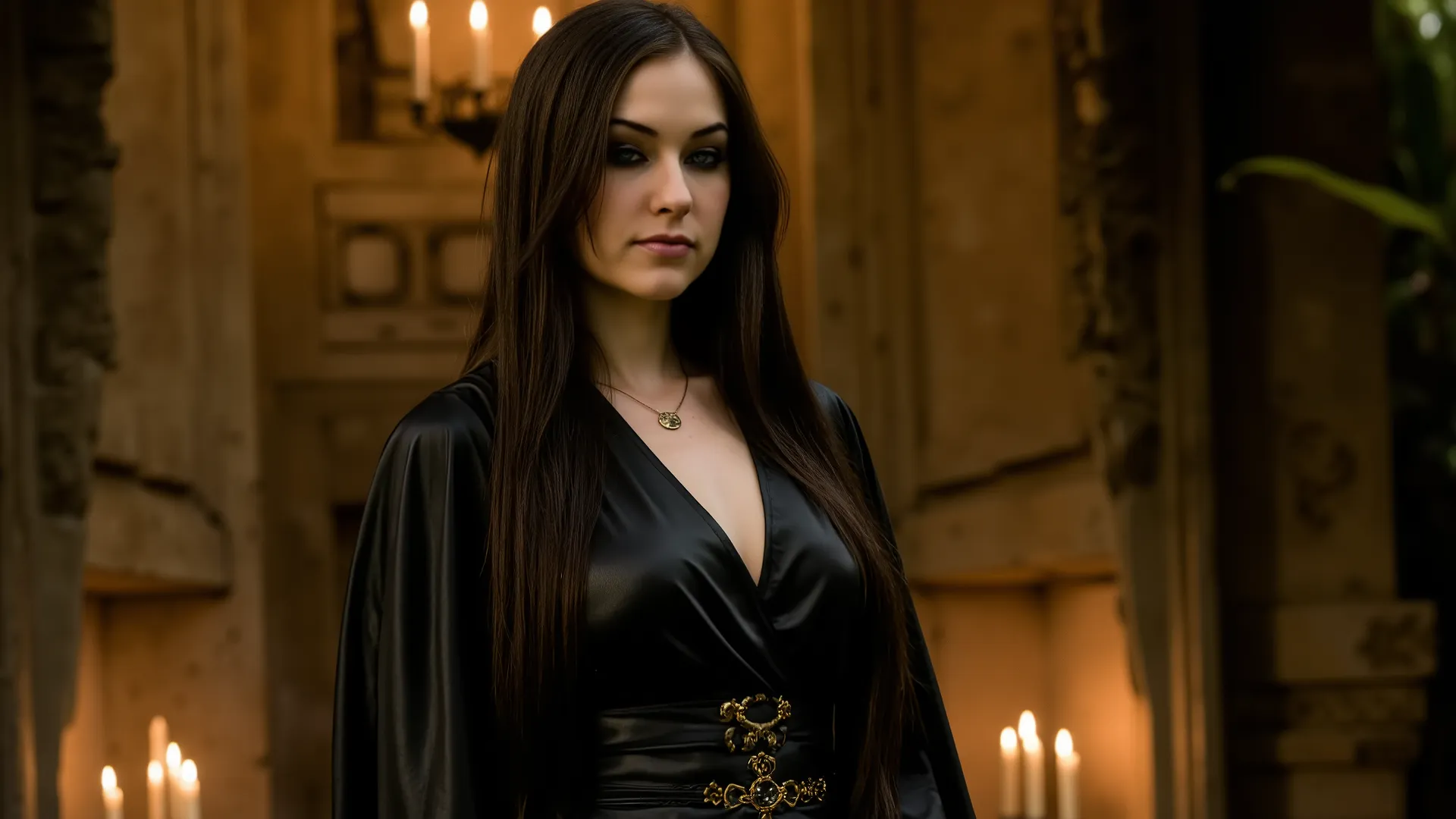 A stunning, seductive medieval-fantasy female dark sorceress with flawless bronze skin, emerald green almond-shaped eyes, high cheekbones, and full lips, stands in an ancient shady Aztec jungle temple. She wears a medieval flowing black silk mage-robe ador...