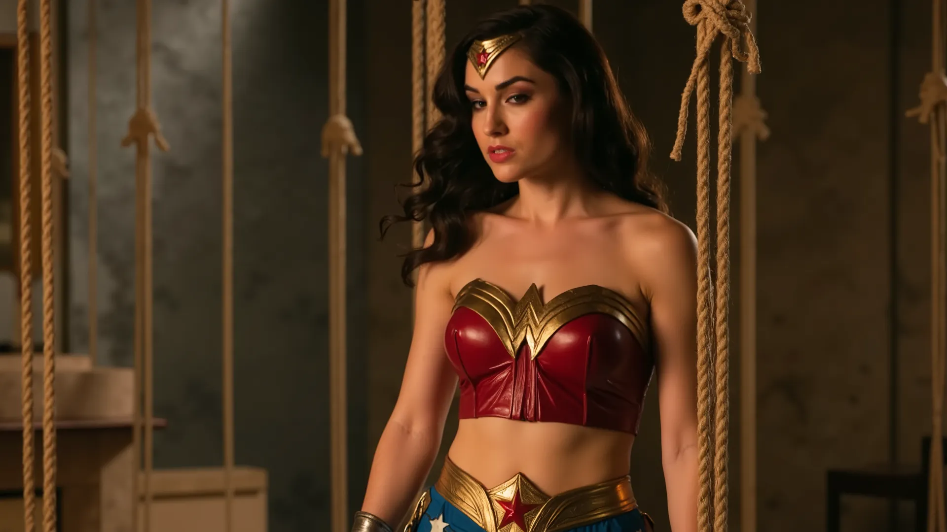 Wonder Woman, with dark hair a fitness model physique, a red top with a golden eagle breastplate, a golden tiara with a red star, a golden belt and lasso and a blue bottom adorned with white stars, in distress, tied up by ropes