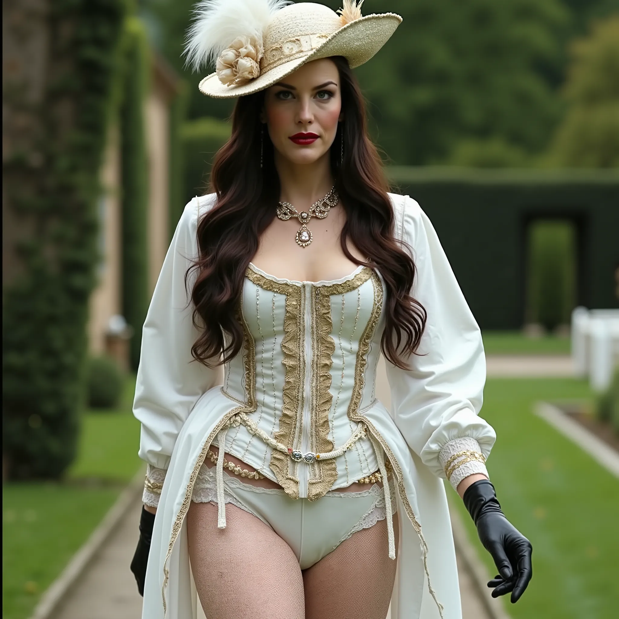 a beautiful realistic professional photo of Liv Tyler, she is a countess, walks in the palace's garden park , red lipstick , precious necklace,  on her head is wearing a luxurious feather hat, embroidery with gold threads, white dress of renaissance epoch,...