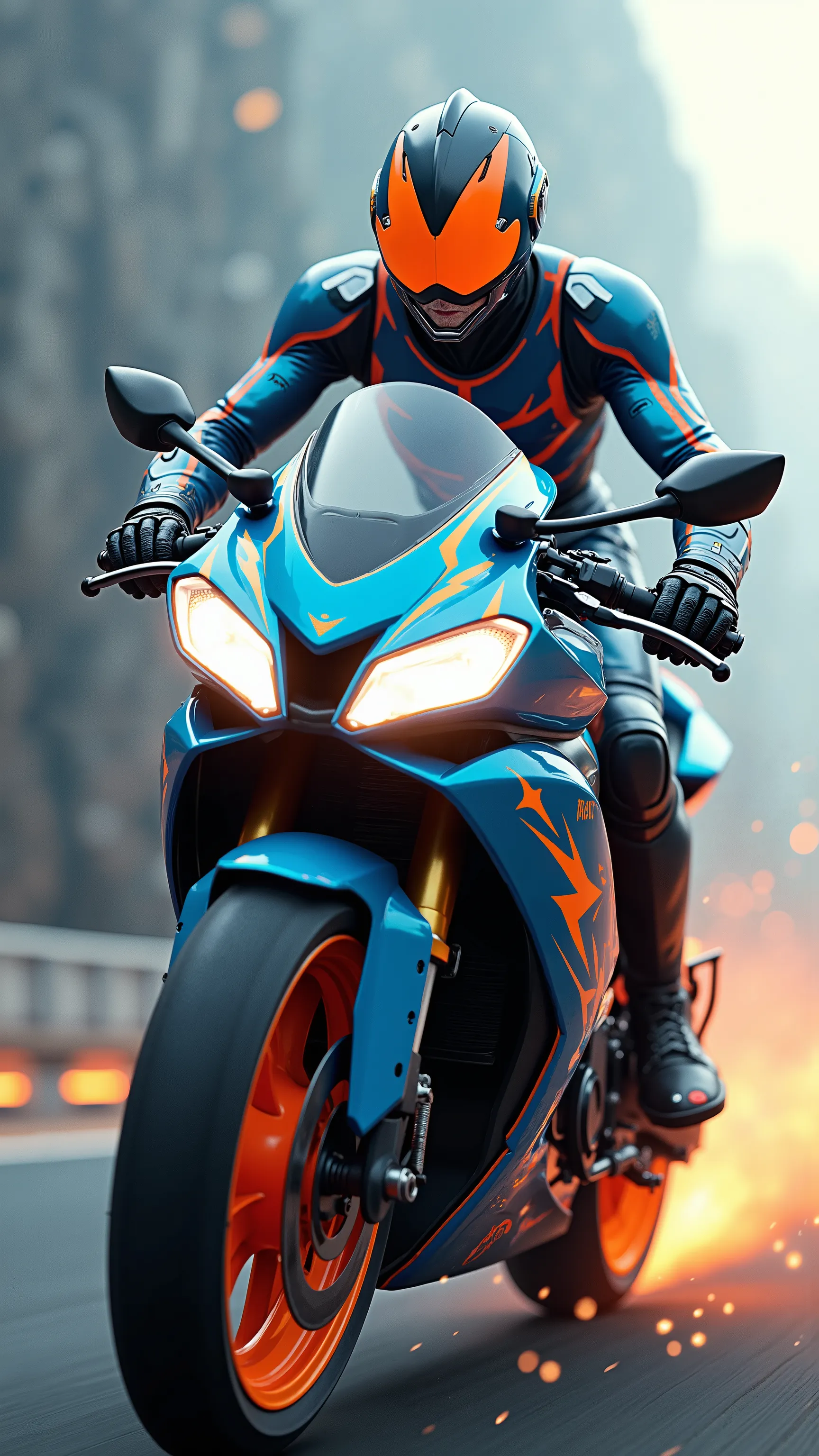 Kamen Rider build are a mixture of 2 colors, light blue and orange、Slim and muscular、Is riding a Kamen Rider exclusive motorcycle of the same color、dynamic composition、dynamic pose、