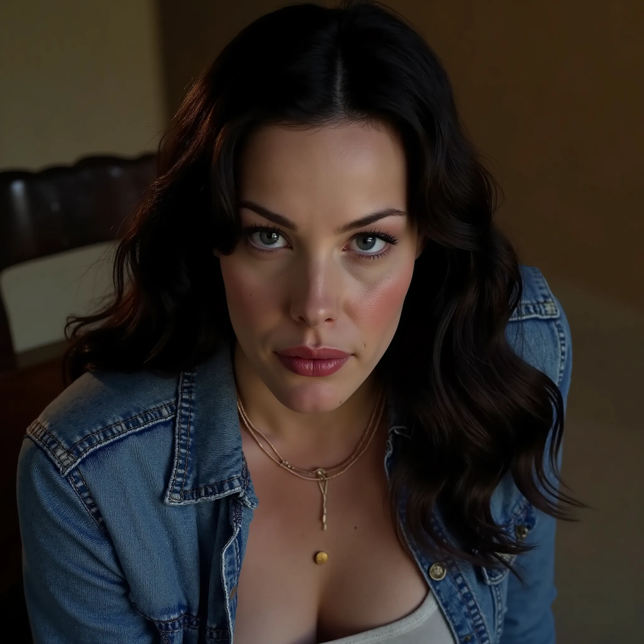 a realistic professional photo of Liv Tyler, close up, open denim jacket, unbuttoned jacket, no underwear, sexy, naughty look, small breasts, wavy dark hair, she is slightly leaning forward, flirting with the viewer, highly detailed, clear photo, professio...