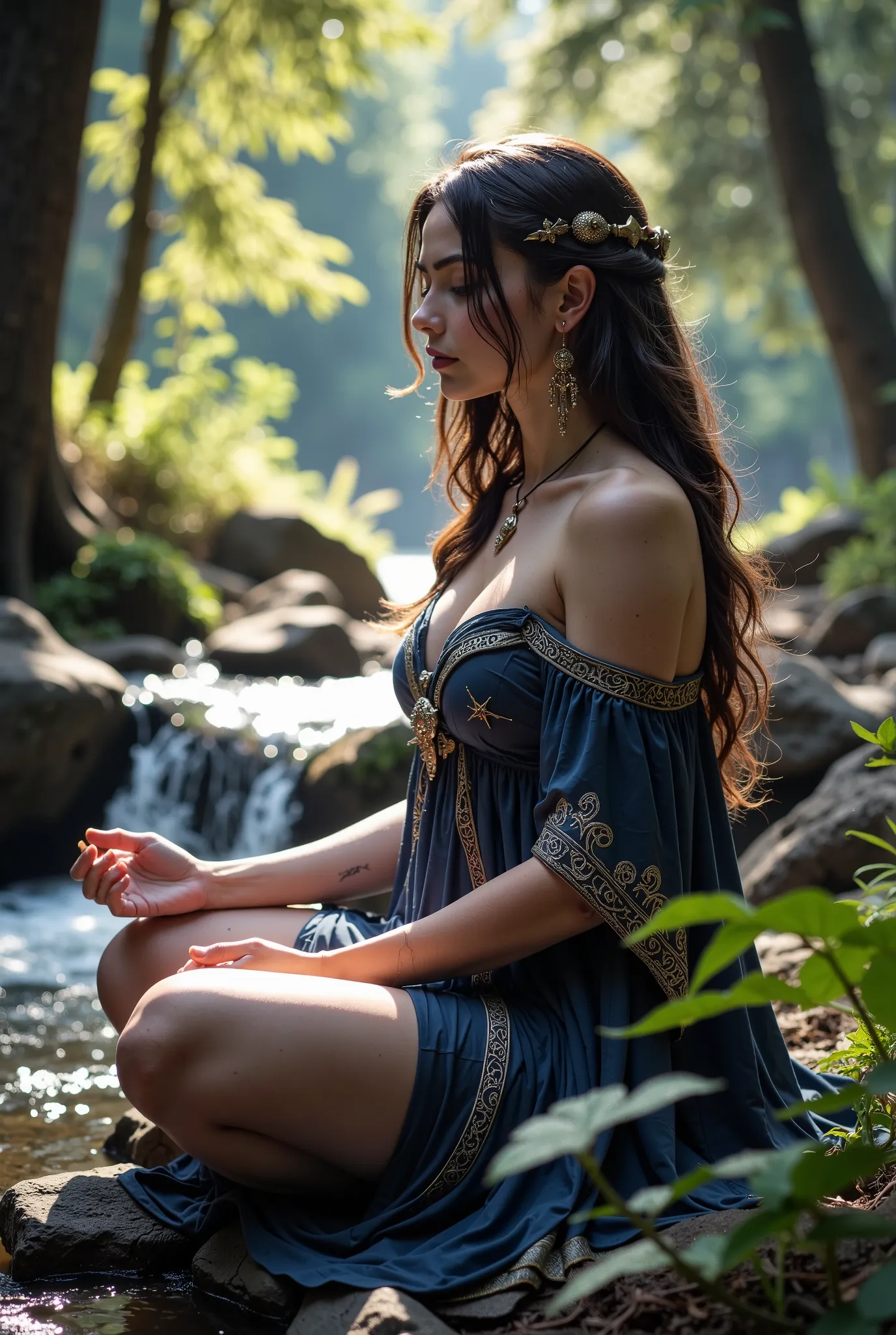 A young American pagan woman sits peacefully beside a flowing river in a lush Pacific Northwest forest. The atmosphere is filled with sacred silence and blissful energy. She has long, wavy dark brown hair and striking facial features — thick dark eyebrows,...