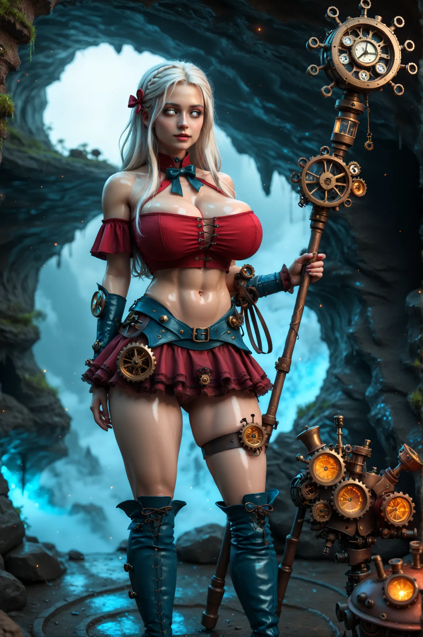 thigh boots, single thighhigh, revealing clothes, ribbon, ,NeonPal_PDXL,CyberRealistic_Negative_PONY,thigh boots, single thighhigh, revealing clothes, ribbon , Changeling, dnd race, blue leather, solo, portret, white hair, long hair, Changeling, fluffy, hu...