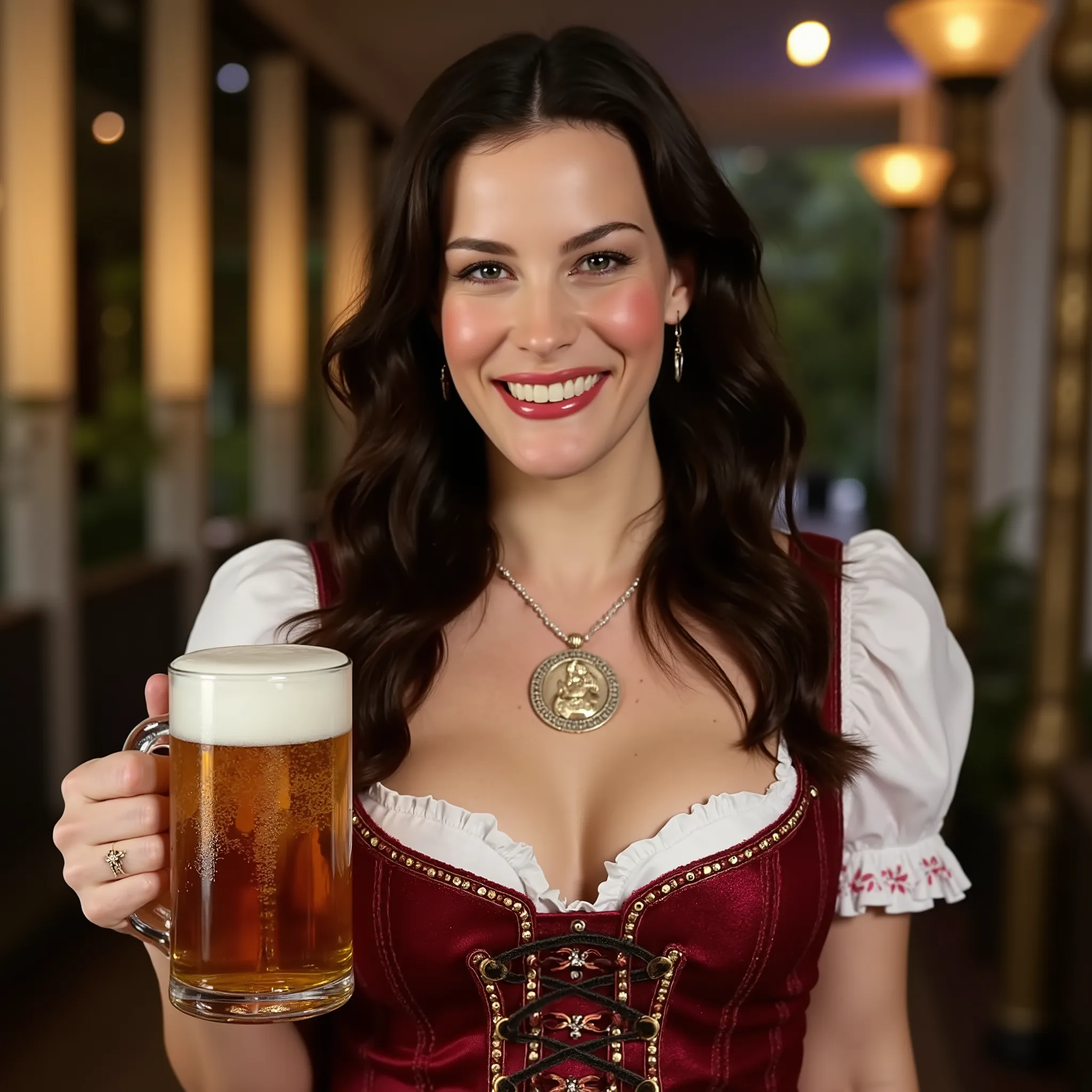 a professional realistic photo of Liv Tyler, dressed in a Oktoberfest outfit, holding a beer mug in a hand and smiling, perfect anatomy, perfect fingers, vibrant colors, clear photo, professional lighting, high resolution 