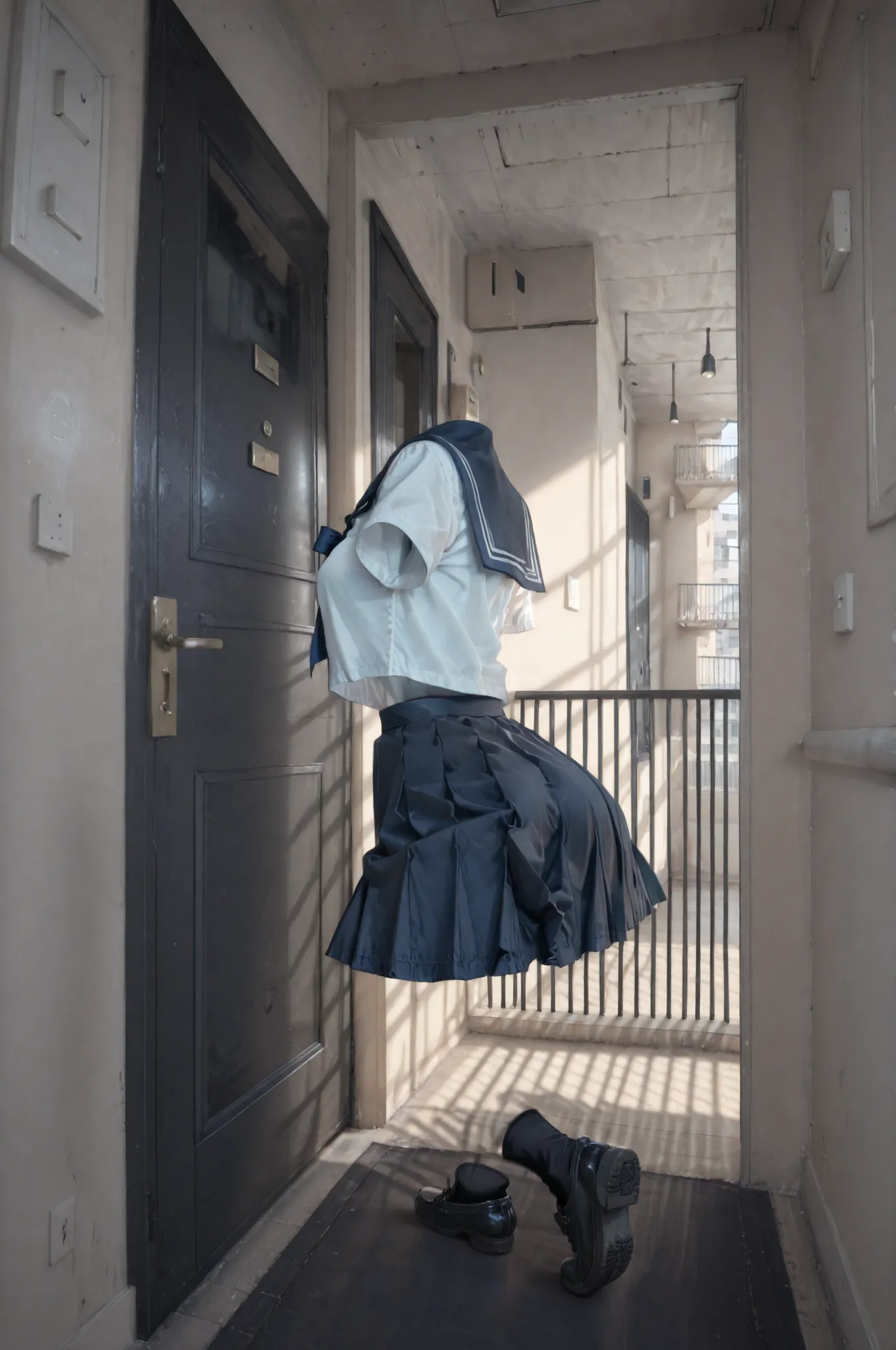 dynamic pose, foreshortening, extreme perspective,masterpiece,incredibly absurdres,highest quality,High resolution,Highly detailed CG, black door, hallway, outdoor, sky, building,railing,apartment door,Dynamic lighting,transparent, invisible person,,,,,,,s...