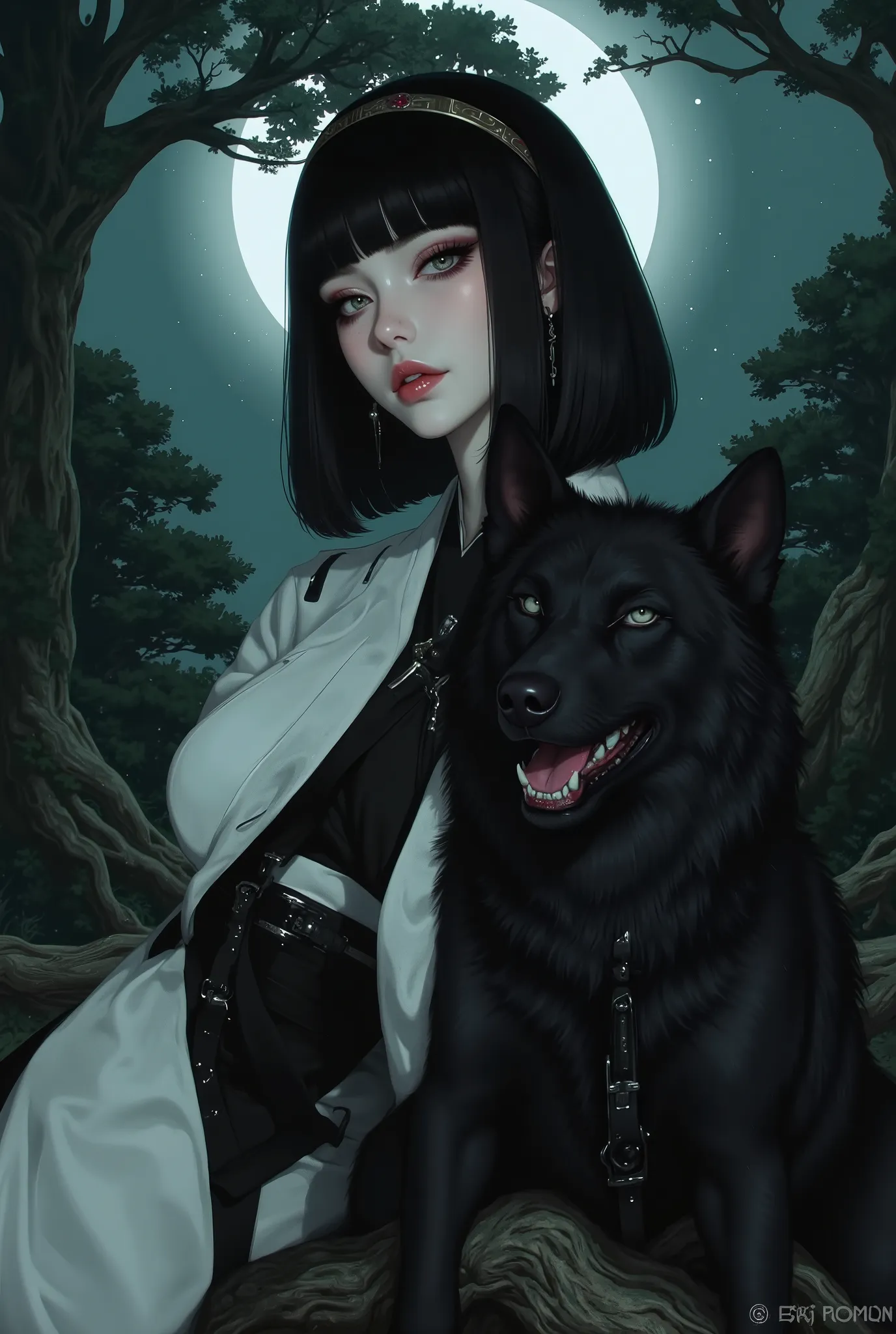 Oriental beauty with straight bangs, black hair, short bob, and a black wolf、The background is a beautiful night forest