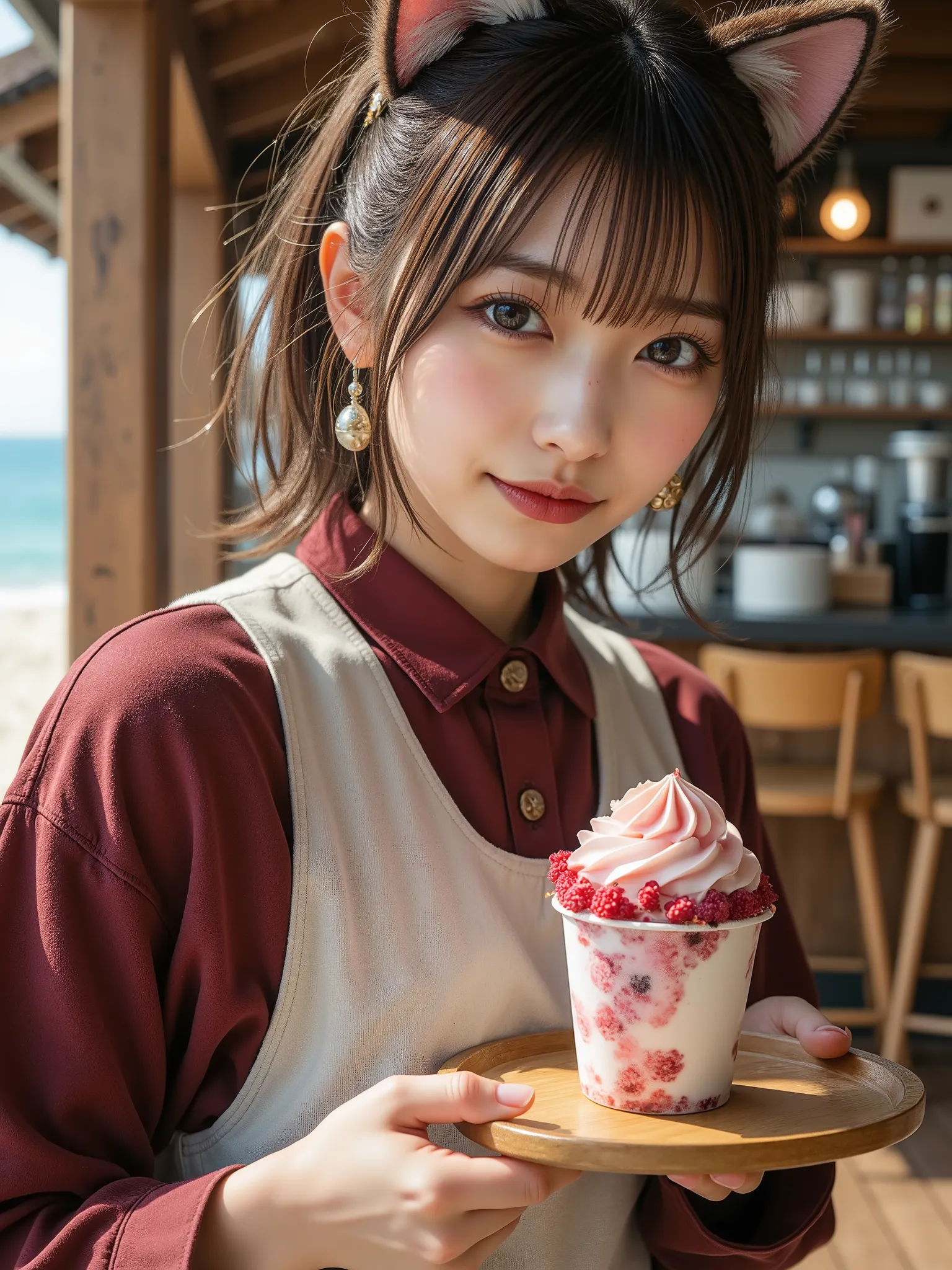 (top quality、table top、8k、best image quality、超A high resolution:1.5, (Photorealistic:1.4),masterpiece:1.2,(top-quality:1.4)、Raw photo)、Woman working at a seaside cafe、White sandy beaches are spread out、blue sea、A cafe with a wooden deck facing the beach、s...