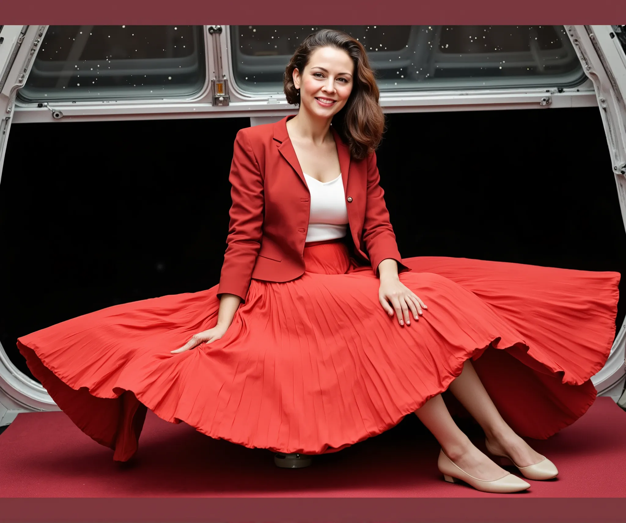 In an interstellar office adorned with vintage charm, a demure, mature therapist, dressed in a crisp uniform jacket and a blouse, reveals her alluring feminine grace. Her long, pleated skirt flows dramatically as the subtly lifts it, each fold a testament...