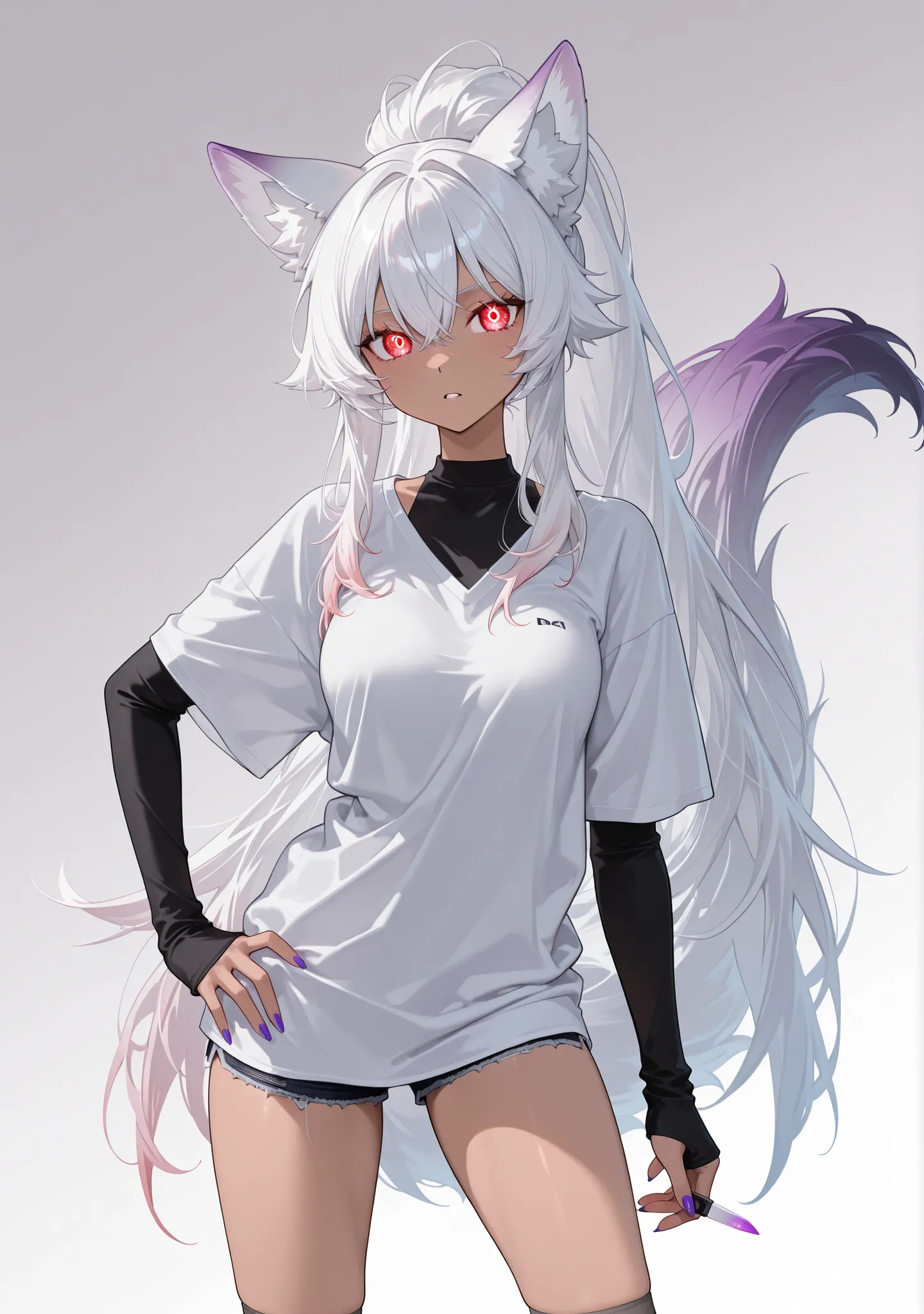 medium tan woman, wolf ears, white wolf tail with purple tip, white ponytail hair with purple gradient, glowing crimson red eyes, black cropped t- shirt, dark blue jean shorts, gray tights, dark background, deadpan expression, hottie digital anime style