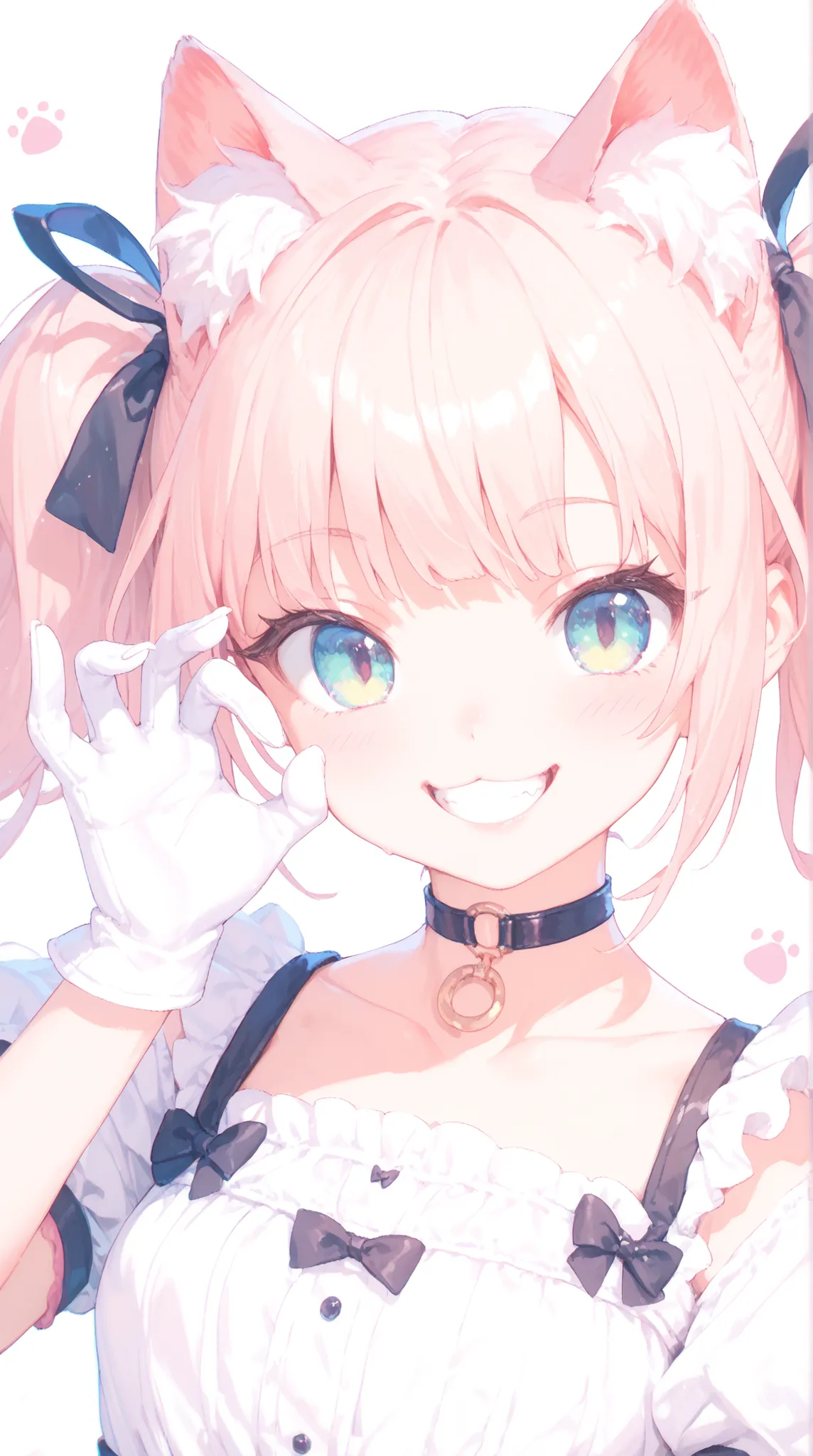 ultimate image quality, perfect depiction, Cat ears girl, Choker with Ribbon, Cute gloves, Smiling Face, Playful Poses, twin tails, Catsy Gesture