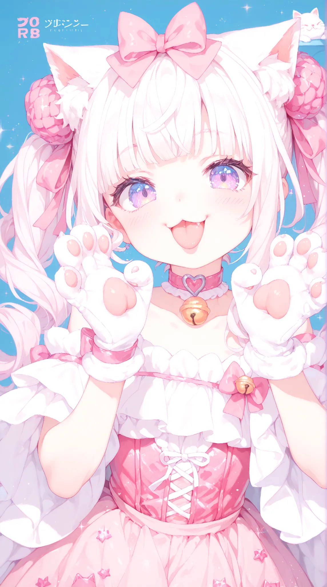 artistic, Ultra High Definition, Nekomimi Musume, choker with glitter bells, gloves with paws, Blushed Cheeks, funny gesture, adorable expression, Cat cover