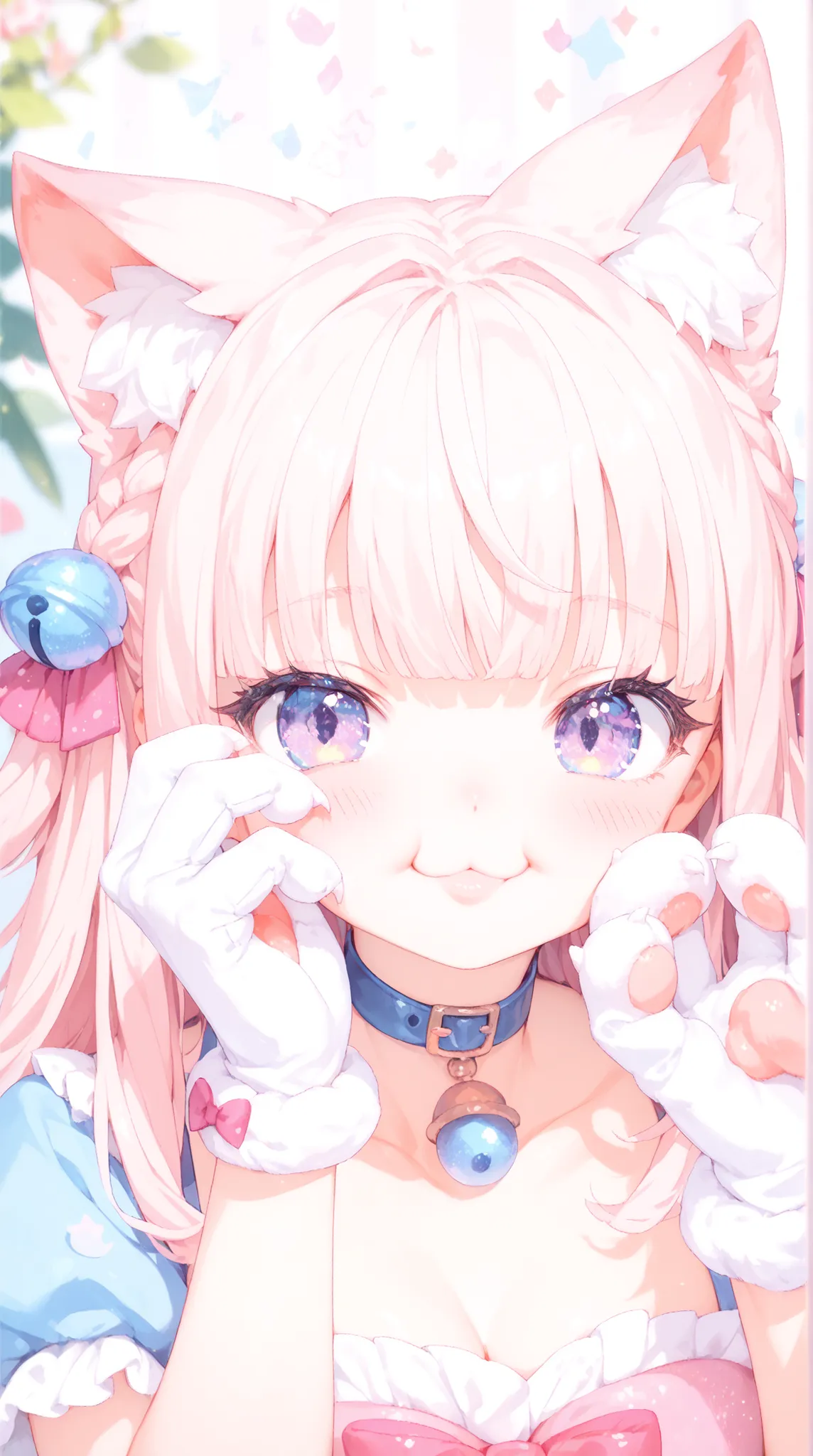 artistic, Ultra High Definition, Nekomimi Musume, choker with glitter bells, gloves with paws, Blushed Cheeks, funny gesture, adorable expression, Cat cover