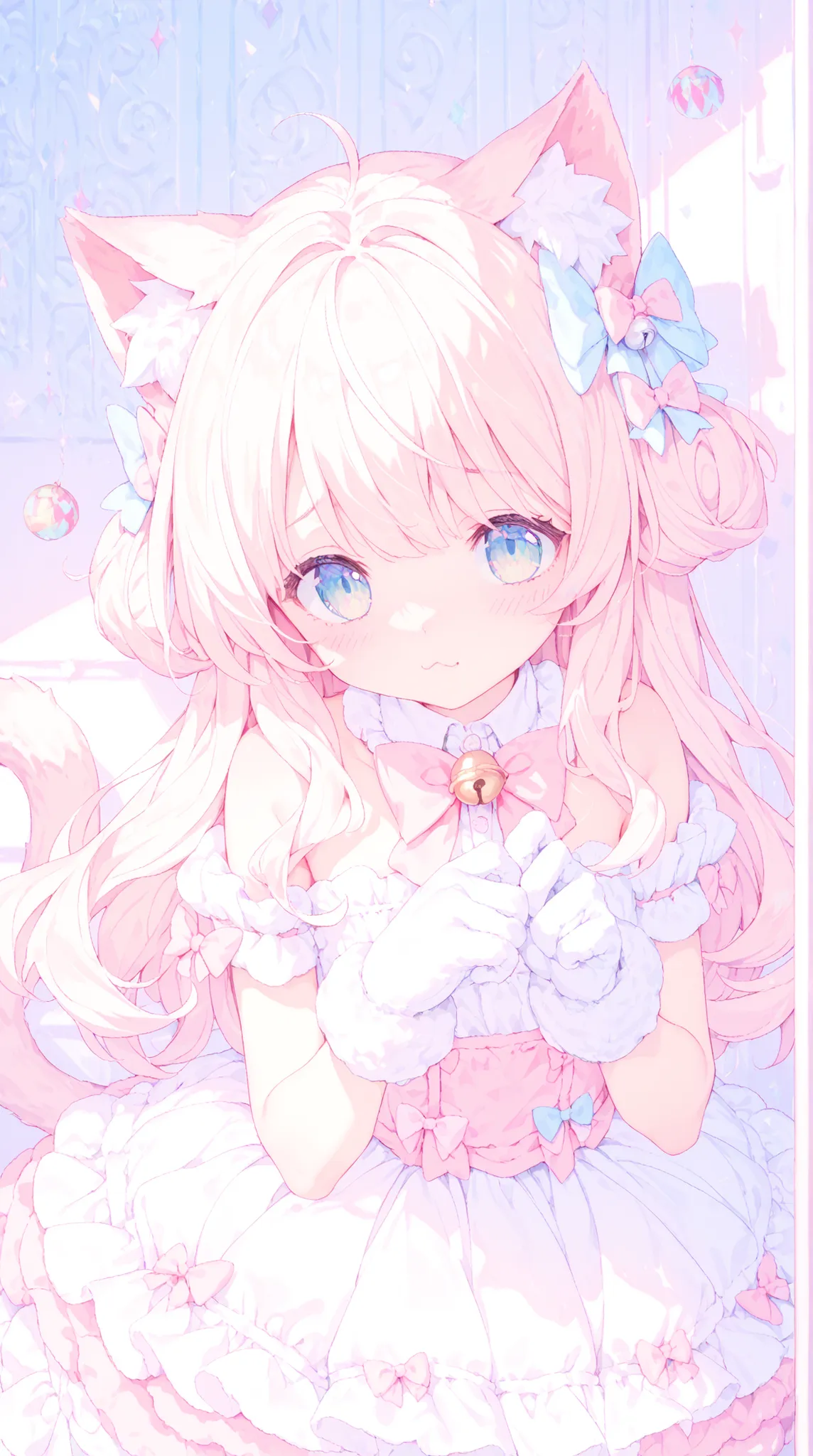 Ultra High Definition, Masterpiece, perfect detail, girl with cat ears, Swaying bells , pastel bow tie, Fluffy gloves , look shy, playful posture, cat jarashi