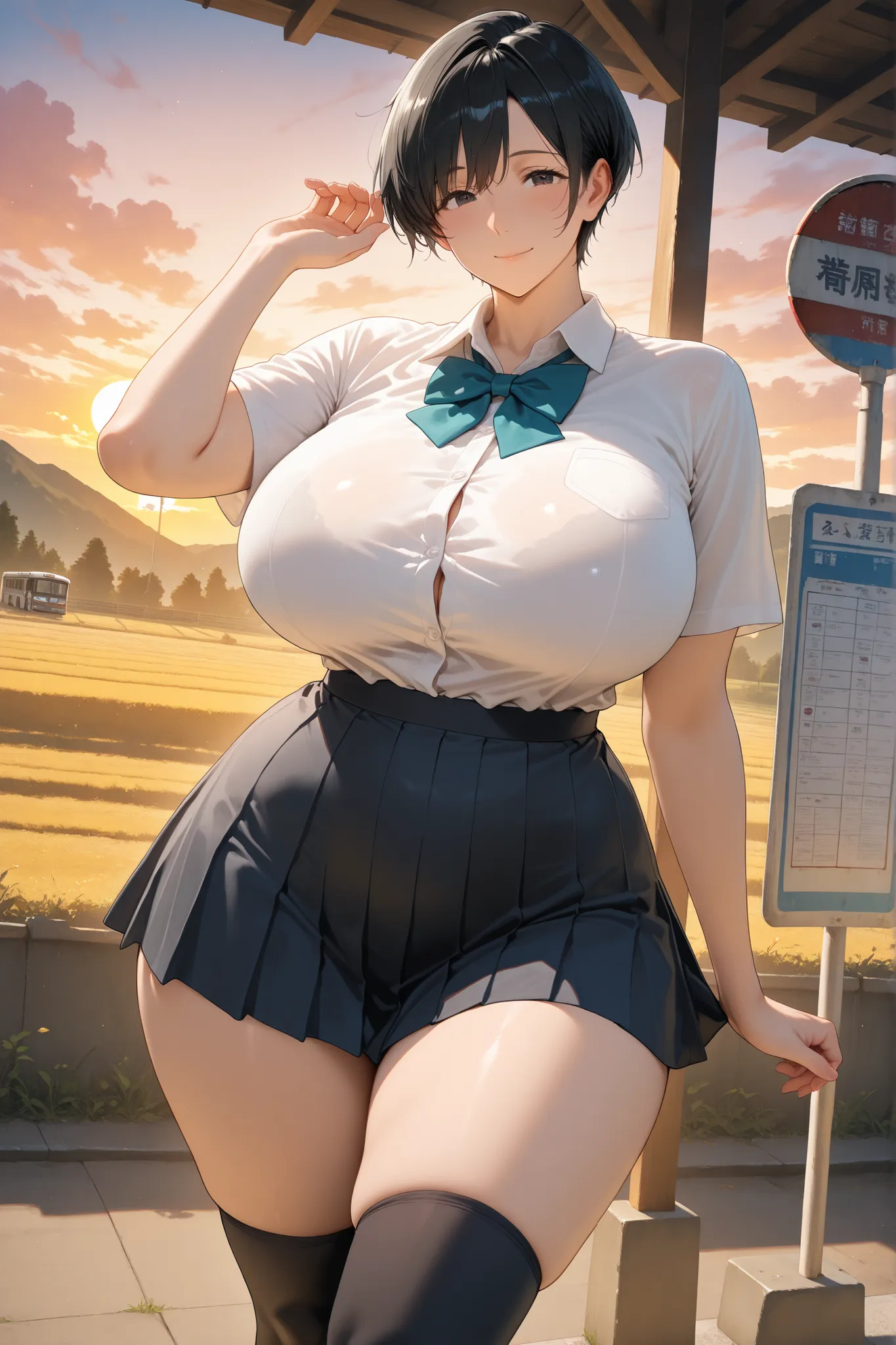 absurdres, exquisite, masterpiece, best quality, (semi-realistic:0.8), anime style,crisp edges,sharp focus,1woman,mature face, adult woman, sharp eyes, defined cheekbones, slim face, tareme,black eyes,pixie cut,black hair,smooth skin, firm skin, youthful b...