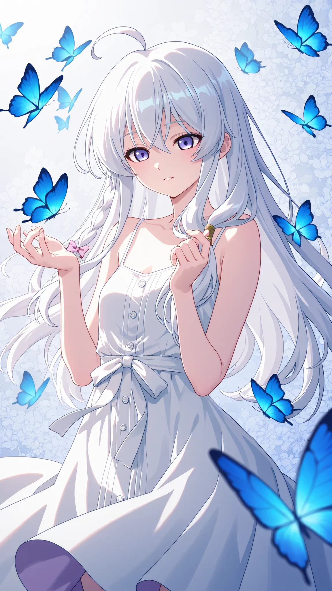 Elaina, glowing white sundress with ribbon waist tie, spaghetti straps, beautiful anime girl with long white hair, surrounded by glowing blue butterflies, ethereal atmosphere, soft lighting, intricate floral background, high detail, ultra HD, 4K, art by Ha...