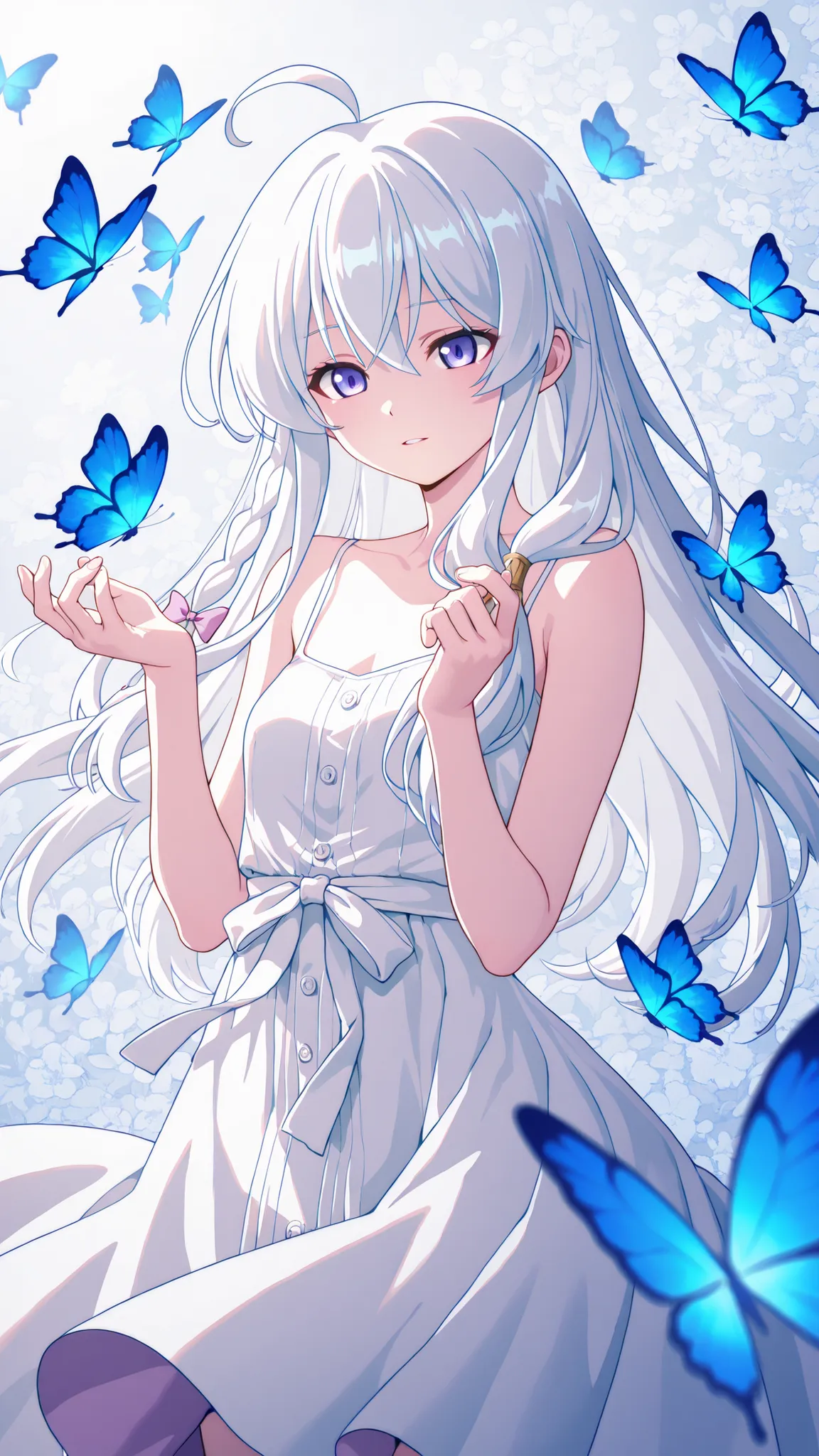 Elaina, glowing white sundress with ribbon waist tie, spaghetti straps, beautiful anime girl with long white hair, surrounded by glowing blue butterflies, ethereal atmosphere, soft lighting, intricate floral background, high detail, ultra HD, 4K, art by Ha...