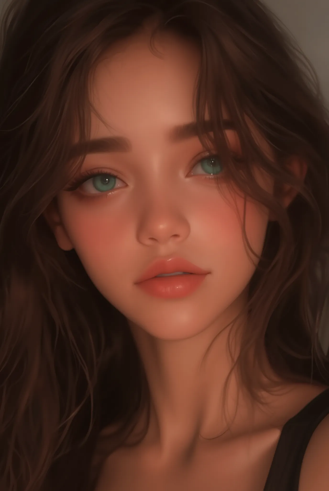 The image is a digital illustration that depicts a beautiful young girl with long dark hair. She has expressive turquoise almond-shaped eyes. Expressive makeup. Black eyeliner. Dark eyebrows. The lips of a natural shade are slightly parted. An indifferent ...